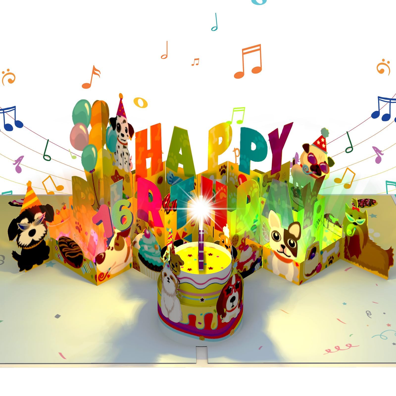 16th Birthday Card, Funny 3D Dog Pop Up Birthday Card for 16 Year Old with Music, Lights & Blowable Candle, Birthday Gift for Sixteen Year Old Boys, Girls, Dog Lovers