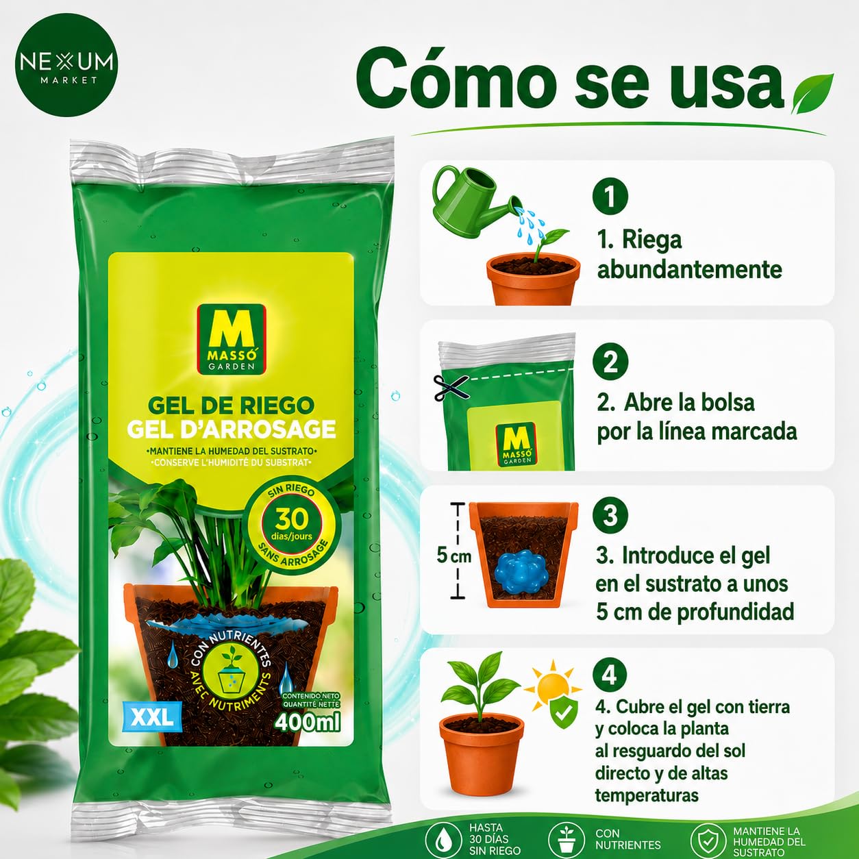 Pack x5 Gel De Riego XXL 400 ml – Hidratación Para Plantas Hasta 30 Días, Agua Gelificada Con Nutrientes NPK y Micronutrientes, Ideal Para Macetas, Jardineras y Vacaciones | Nexum Market