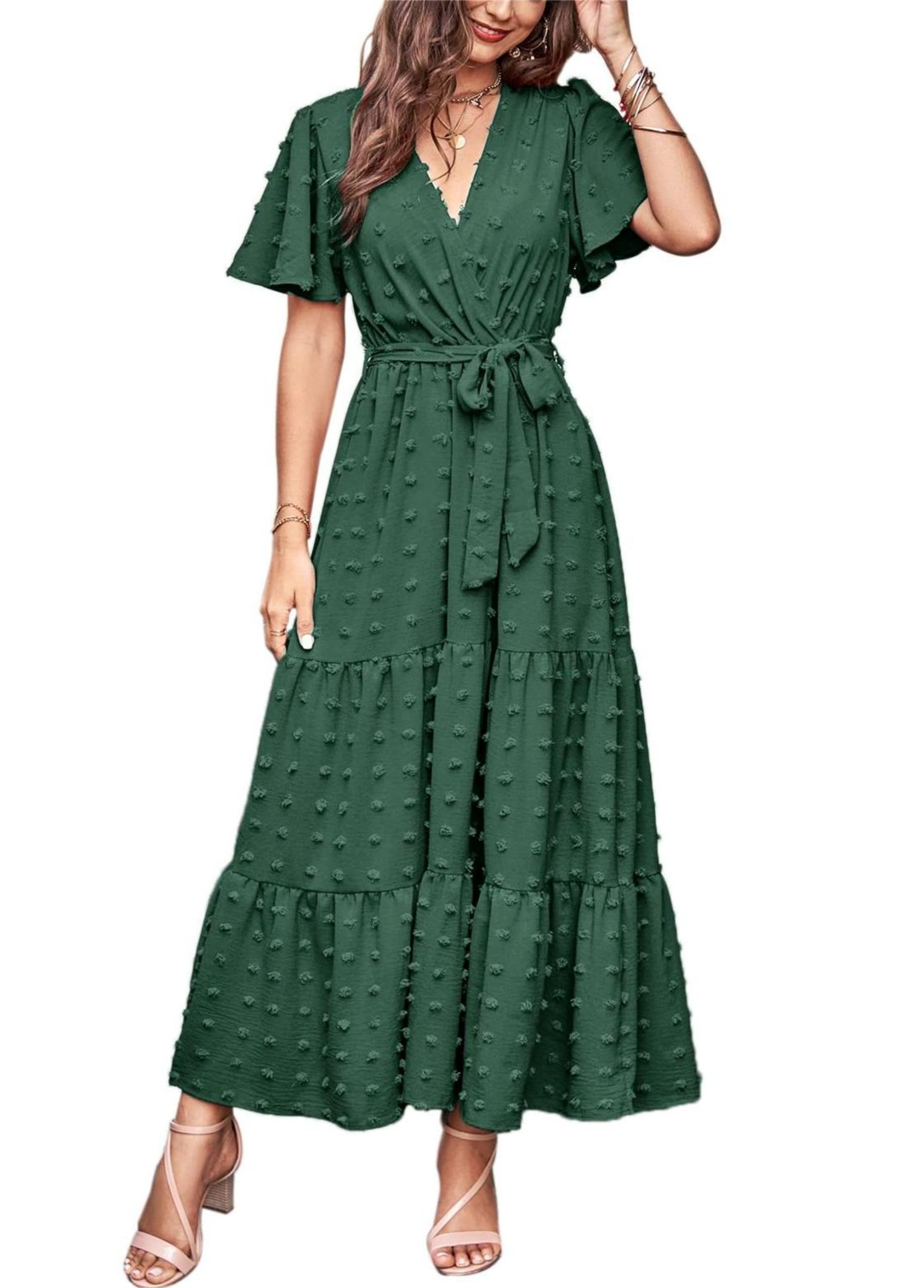 MASCOMODAWomen Boho Swiss Dot Maxi Dresses Wrap V Neck Flutter Short Sleeve Solid Tie Waist A Line Tiered Flowy Long Dresses