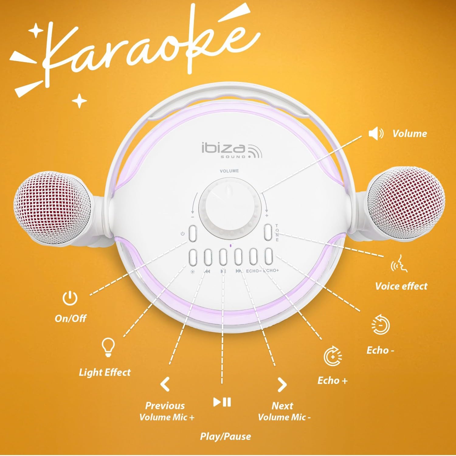 Ibiza Sound - Pack Karaoké Enceinte Portable Bluetooth sans Fil KARAHOME-WH 120W USB SD 2 micros - Boule Disco LEDs RGB Astro-BALL8 Enfant