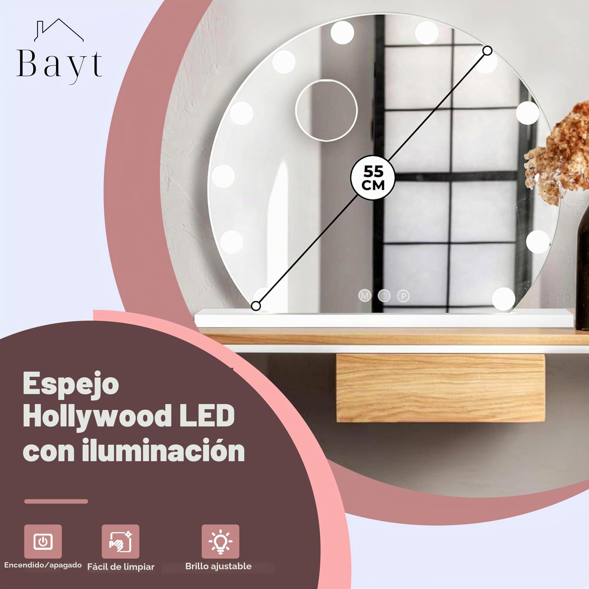 Bayt Hollywood - Espejo de maquillaje con iluminación LED, regulable, 3 modos de luz y 10 aumentos, gran espejo cosmético para tocador, 55 cm de diámetro, color blanco