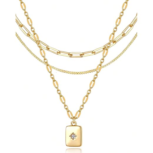 YEEZII Layered Gold Necklaces for Women Trendy, 3 Pcs 14K Gold Plated Choker Paperclip Box Chain Necklace, Stackable Women's Gold Pendant Necklaces Jewelry Set