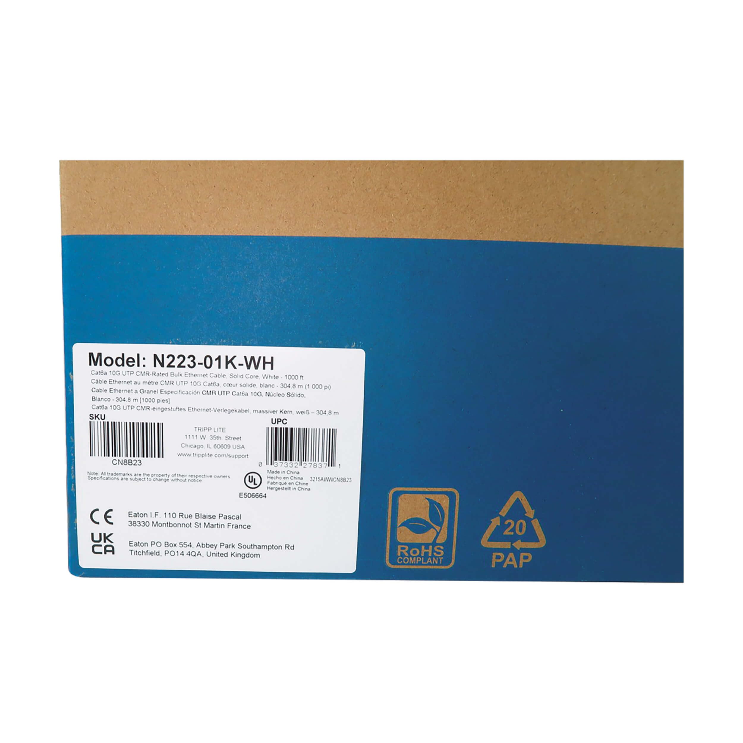 Tripp Lite Cavo Ethernet Cat6a Bobina da 1000 piedi, bianco, Cavo di rete in rame da 10 Gbps, Filo nudo a quattro coppie da 23 AWG, Cavo LAN UTP 10G CMR, 305 metri, (N223-01K-WH)
