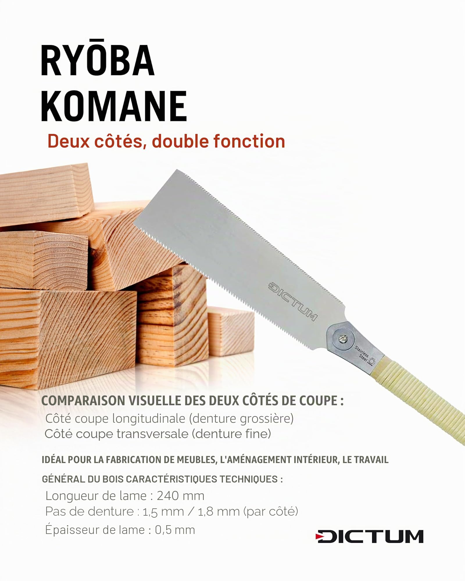 DICTUM Scie japonaise 3 pièces – Dozuki, Kataba & Ryoba | Scie à traction professionnelle avec manche en bois traditionnel | Scie japonaise d'origine, scie fine et scie de précision pour le travail du