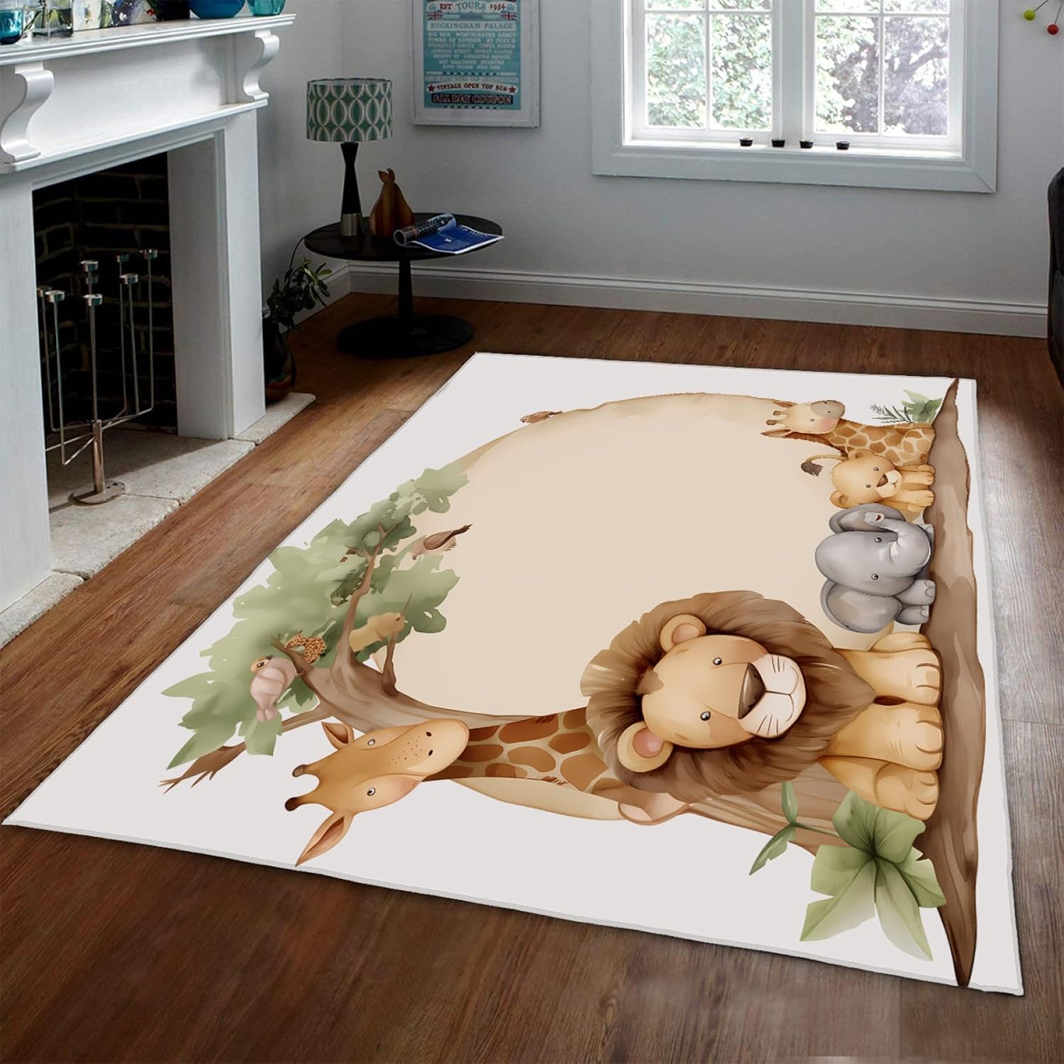 Nursery Rug Cartoon Animals Area Rug Cute Lions Giraffe Elephant Pattern Kids Carpet for Bedroom Living Room Washable Door Mat 4'x5'6"