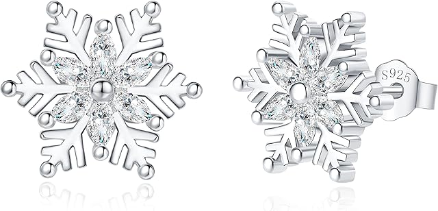 Deyanse Silver Christmas Jewellery Sets for Women, 925 Sterling Silver Snowflake Necklace Pendant Chain and Stud Earrings Set with Cubic Zirconia, Xmas Jewellery Sets Gift for Christmas Birthday
