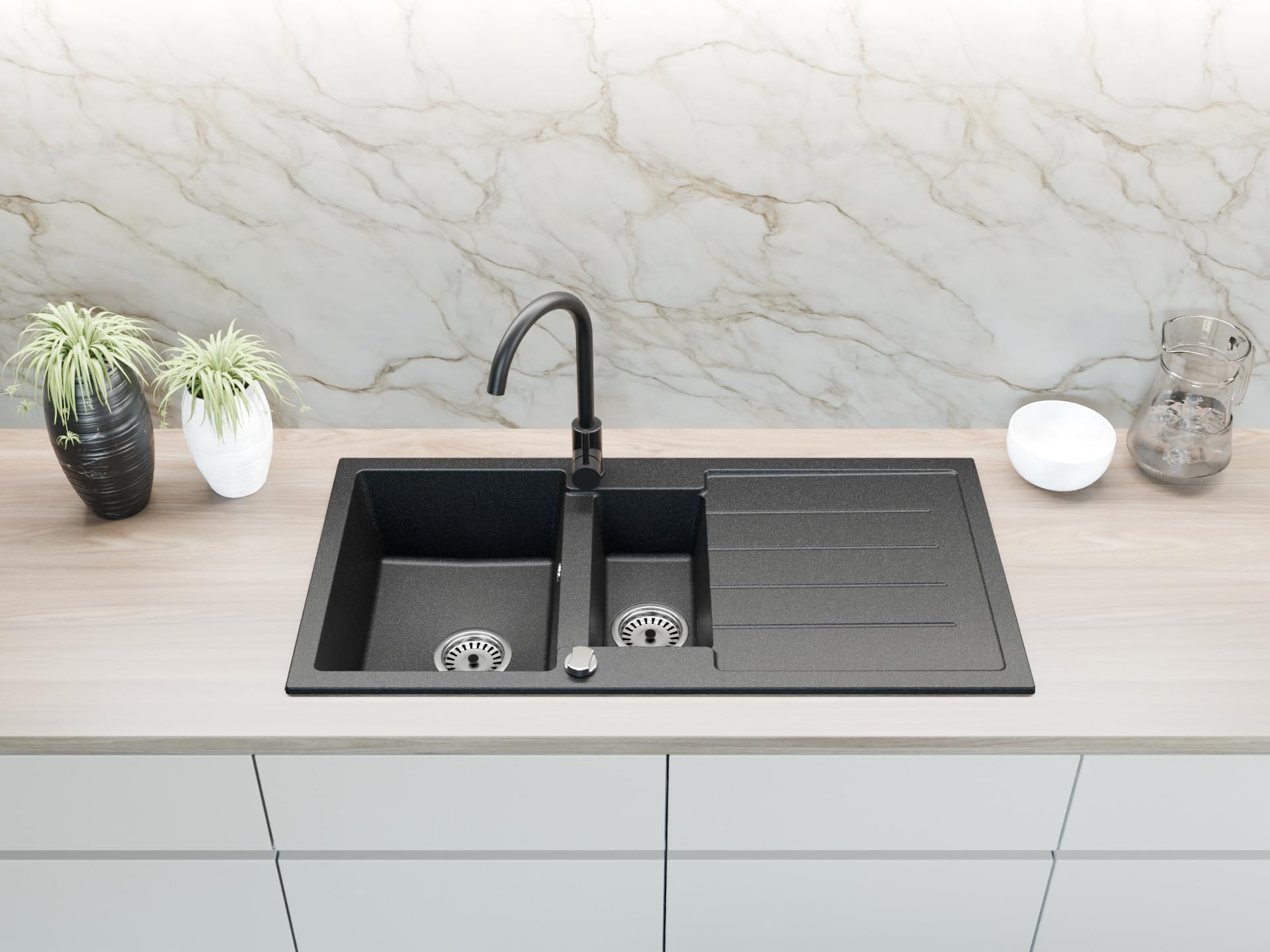 Faizee Home | Granitspüle 100x50 cm – 1,5 Becken mit Abtropffläche | beidseitig montierbar, kratzfest & hitzebeständig | inkl. Armatur & Siphon-Set (Aqua Twist, Schwarz Gesprenkelt)