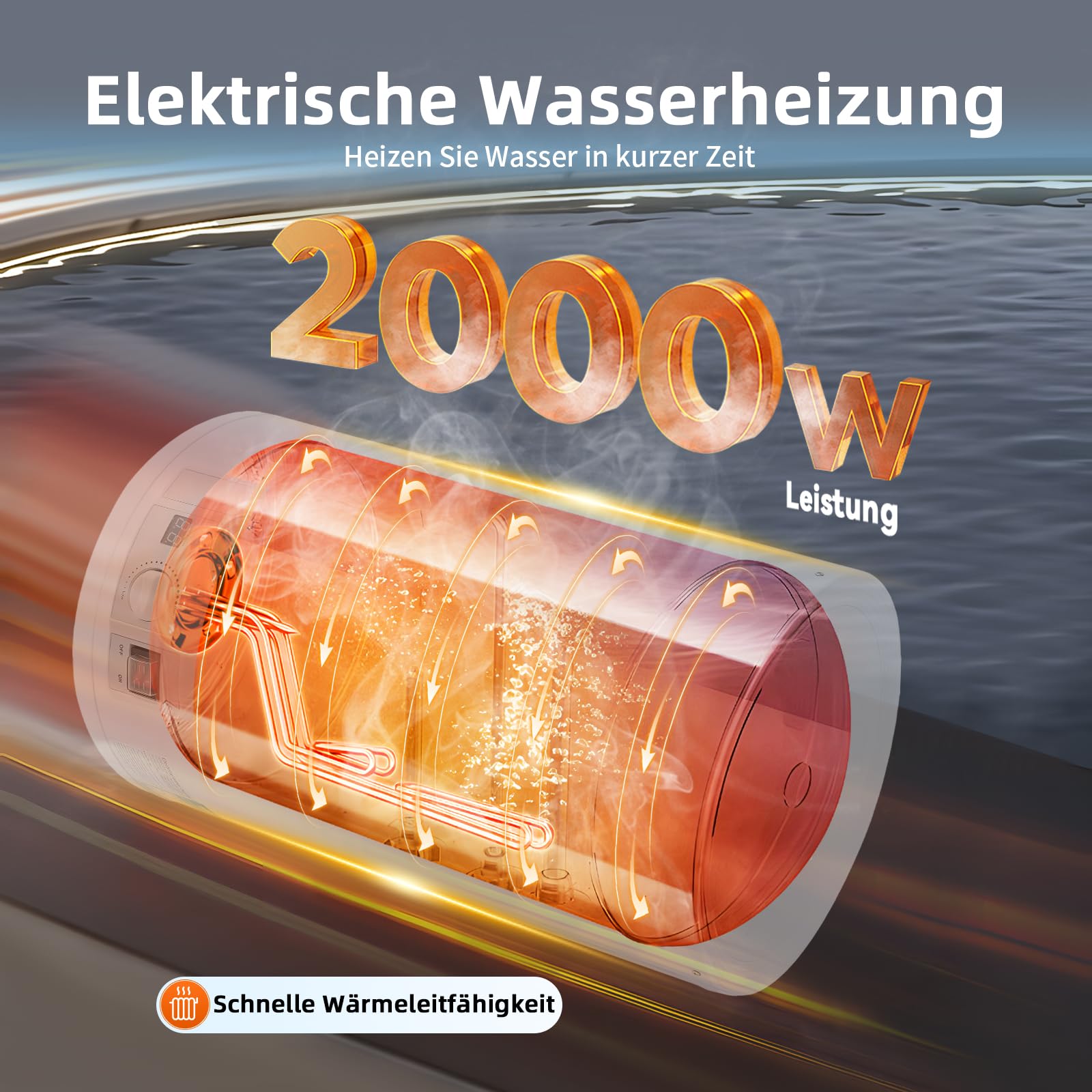 50 L, 220V Elektro Warmwasserspeicher, 2000W Wandbefestigung Horizontal Wasserboiler Dusche, IPX4, Heiztemperaturbereich 25-75℃, Elektrischer Edelstahl-Wasserhahn für Garten, Werkstatt, Camping & Co