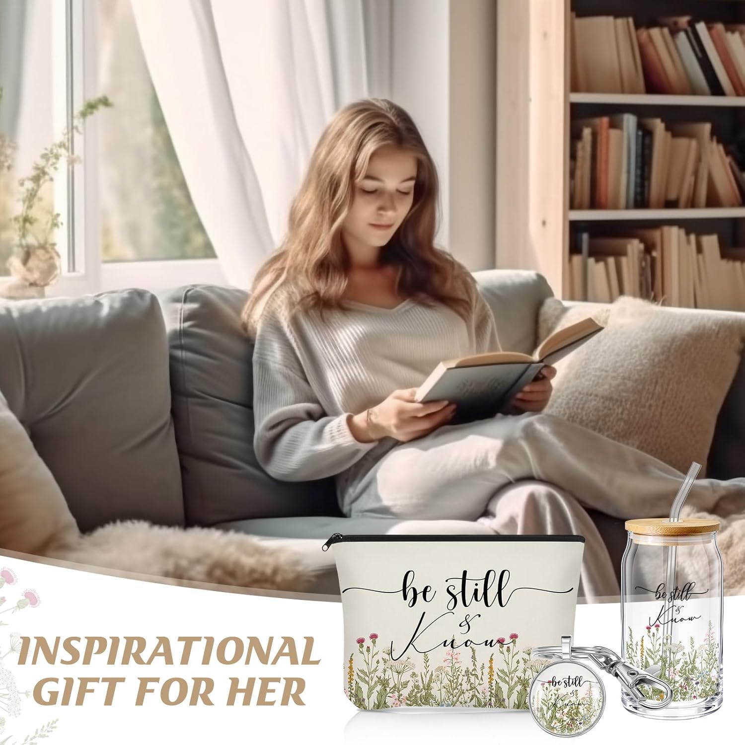 3 Pcs Christian Gift for Women Faith Bible Verse 16 oz Glass Cup with Lid Scripture Keychain Makeup Bag Inspirational Religious Gift for Birthday Church Mom(Flower) - Image 6