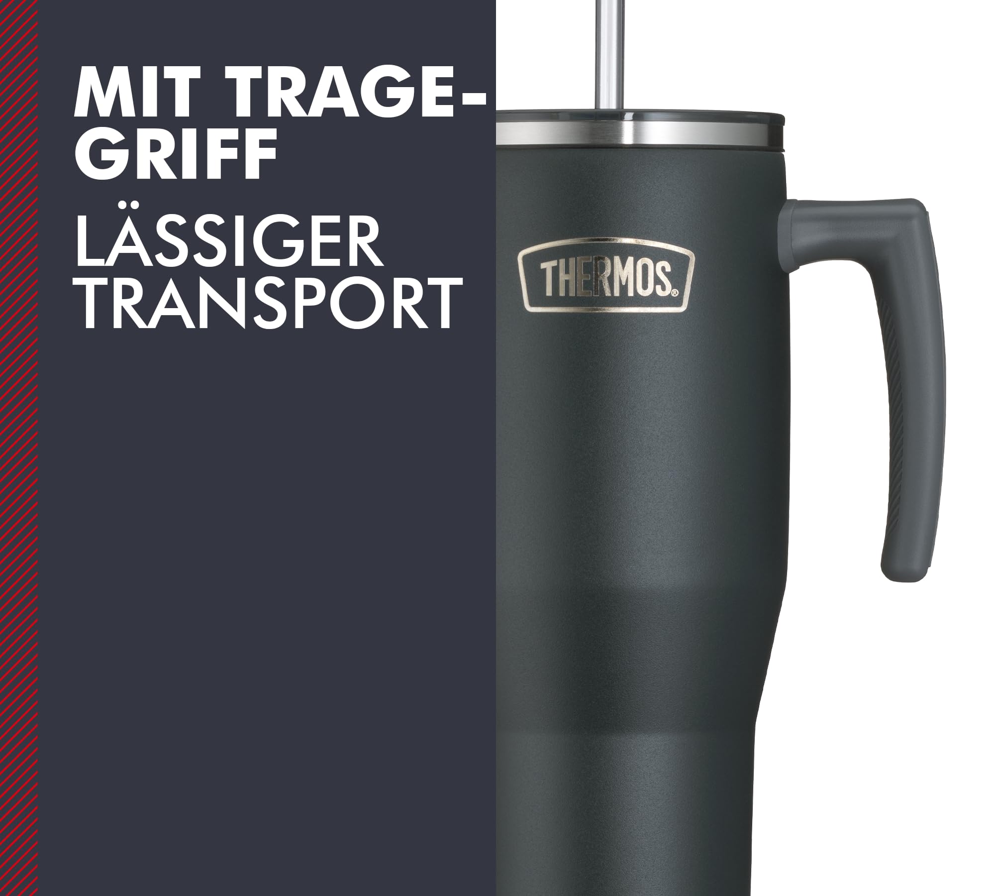 Thermos Refreshing Series kubek izolacyjny 1,1 l, czarny, matowy, ze słomką i uchwytem, do podróży, pracy lub domu, neutralna smakowo stal nierdzewna z podwójnymi ściankami