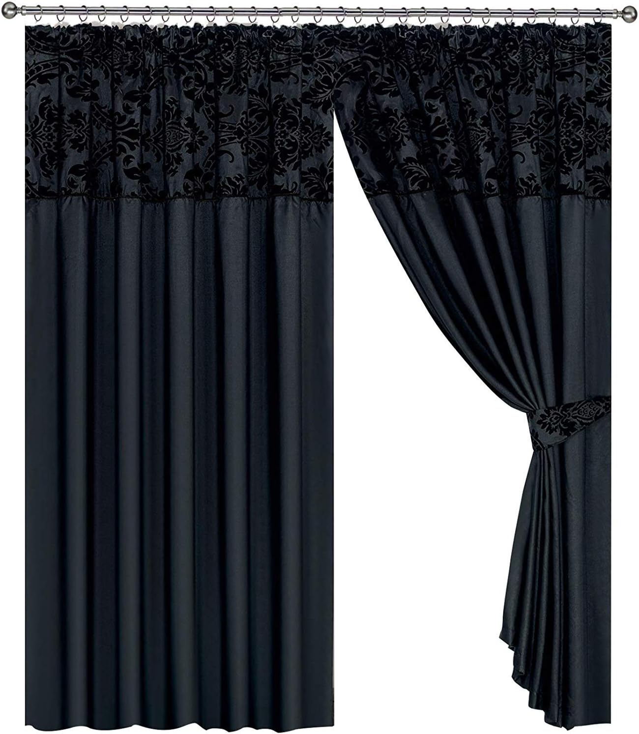 Half Flock Damask Pencil Pleat Curtains (90''x90''(228x228cm), Black+black)