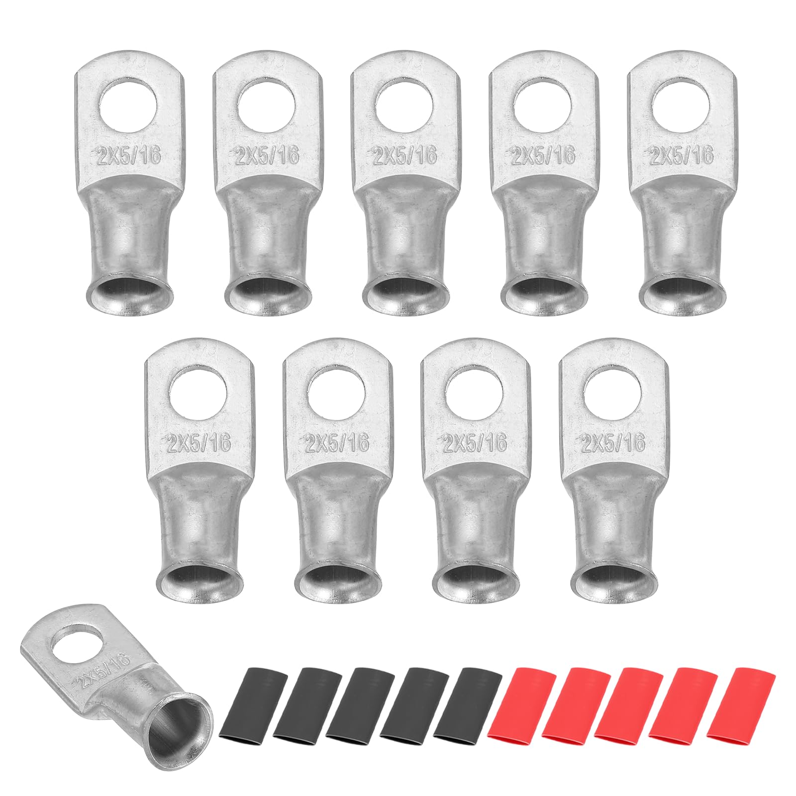sourcing map 10pcs 2 AWG M8 Battery Lugs Ring Terminals, 5/16" 8mm Stud Crimp Wire Terminal Connector End Copper, 2:1 Heat Shrink Tubing, Silver