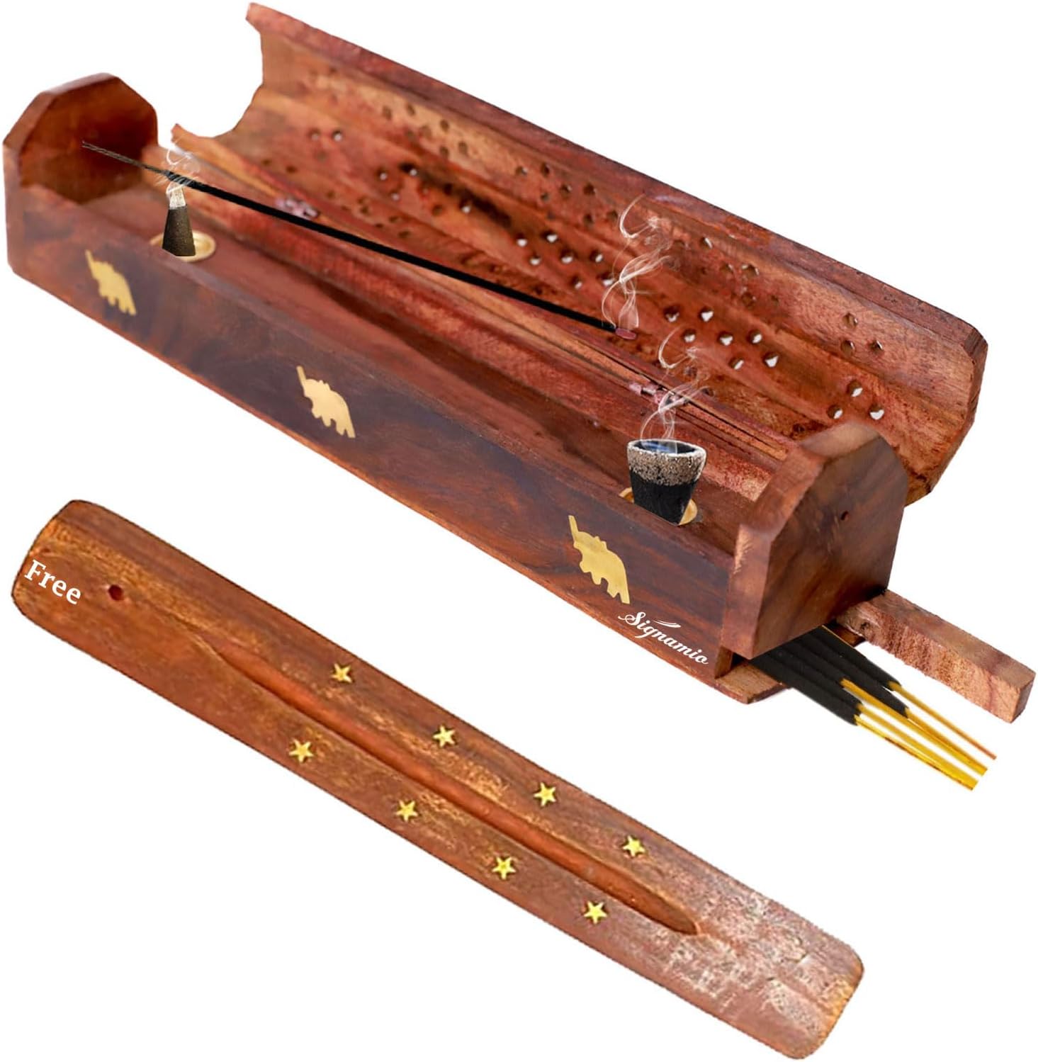 SIGNAMIO® 2pcs Wooden Horizontal Agarbatti and Dhoop Holder Premium Incense Stick Stand with Ash Catcher for Pooja Room - Essential Puja Items for Home & Agarbatti Stand Holder with Storage Box