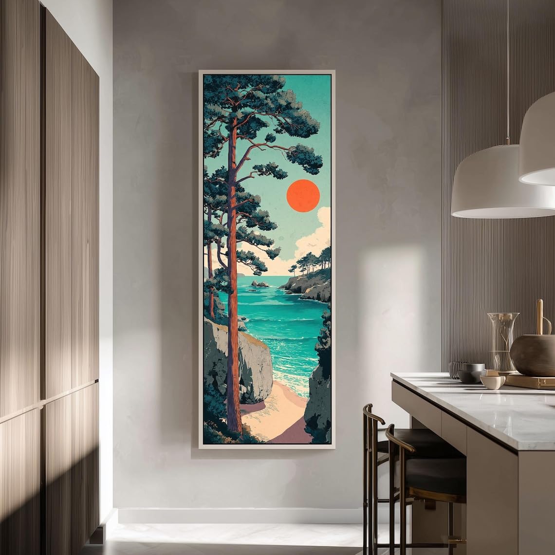 Tableau vintage pin côtier grand format vertical pour habiller un grand mur vide