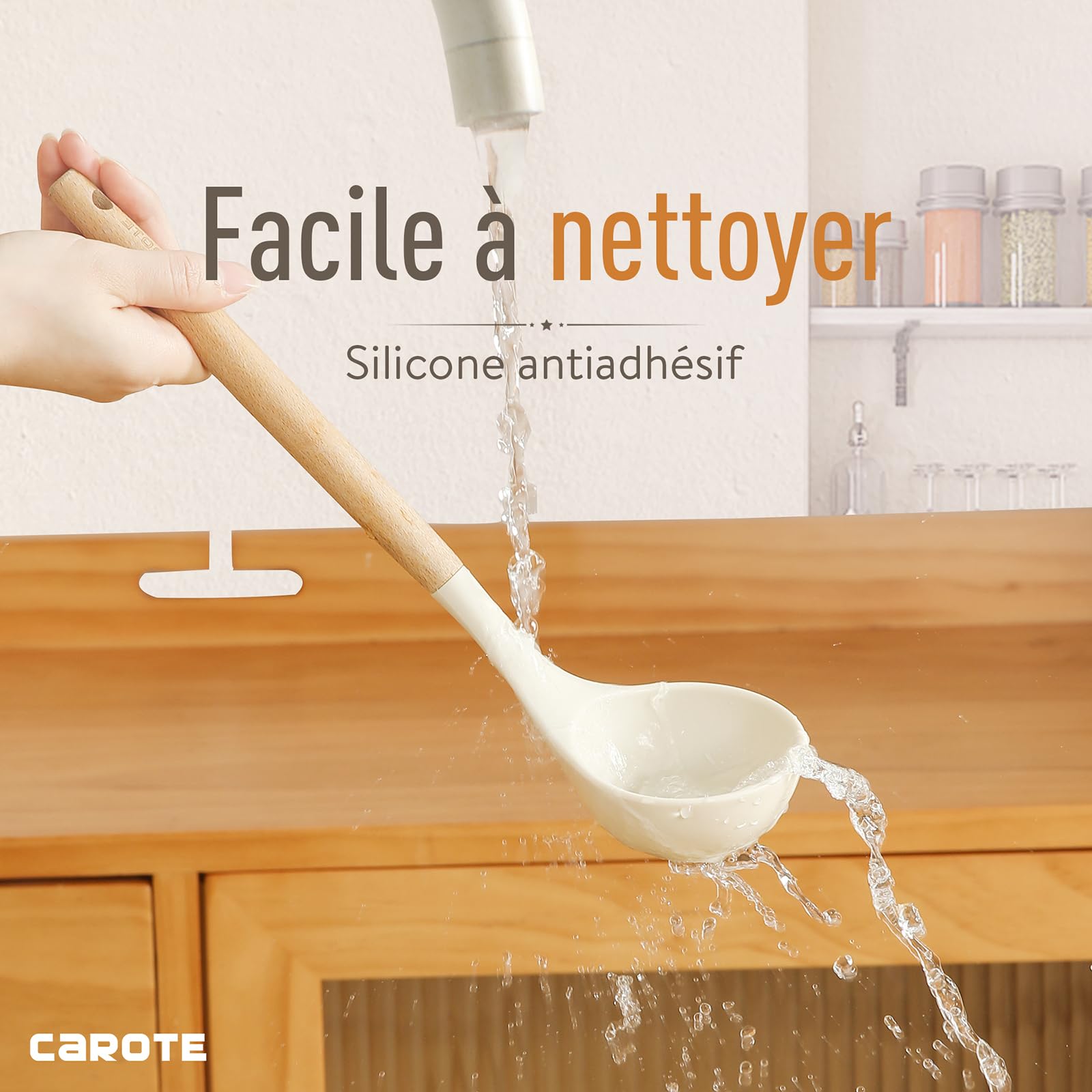 CAROTE Set de 16 Ustensiles de Cuisine Silicone Résistant à la Chaleur, Antiadhésive Anti-Rayures Cuisine Accessoires, Poignée anti-casse, Sans BPA, pour Toute la Famille