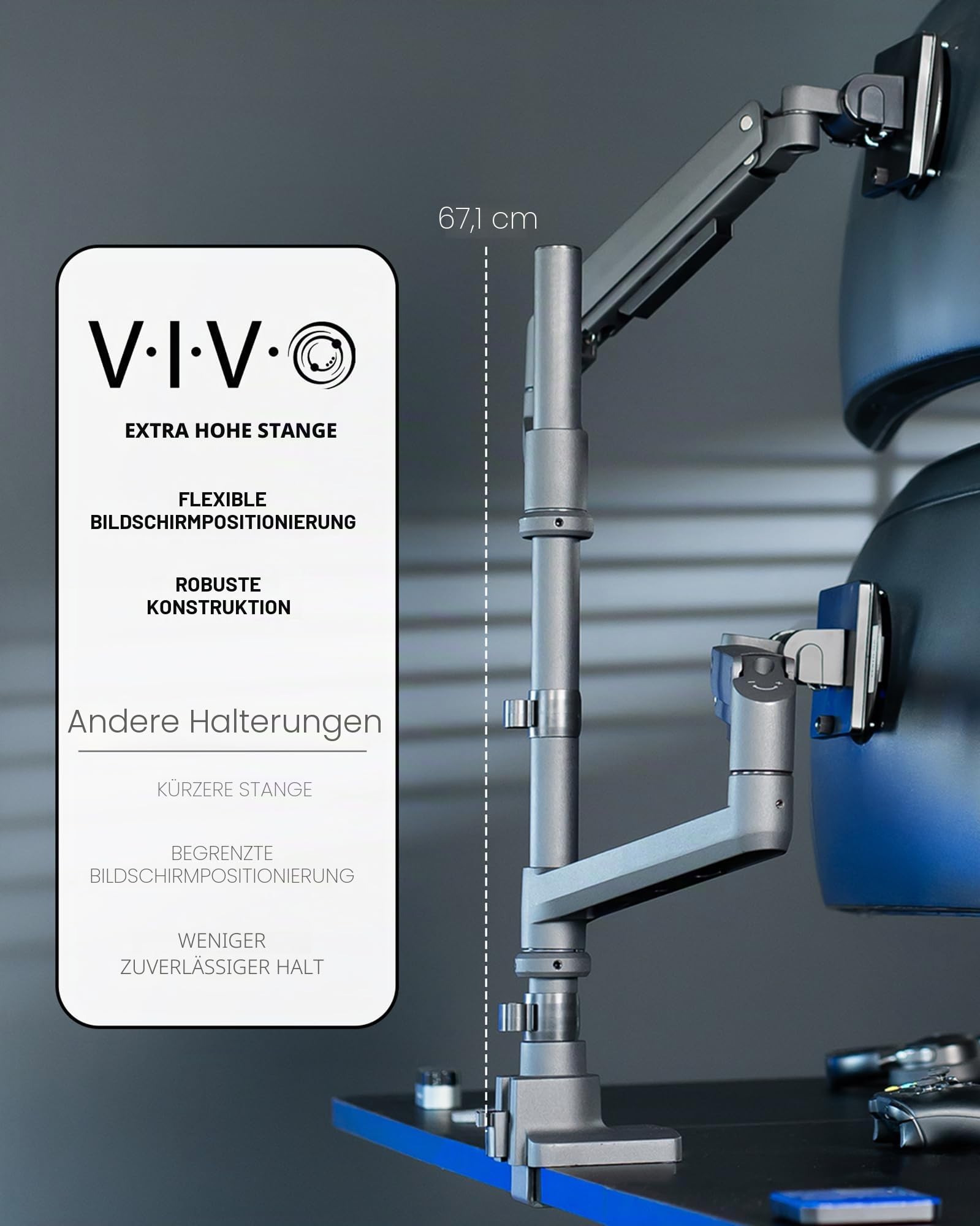 VIVO Pneumatischer Arm, Dual-Ultrawide-Monitor, extra hohe Schreibtischhalterung für Bildschirme bis 49 Zoll, robuste Klemme, hält 2 Ultrawide-Bildschirme bis zu 20 kg, Schwarz, STAND-V120K