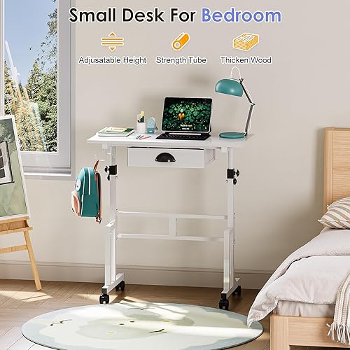 Miniatura 7 de Samll - Escritorio blanco para computadora con cajones, altura ajustable, escritorio de pie para oficina en casa, con 4 ruedas y 2 ganchos, mesa de