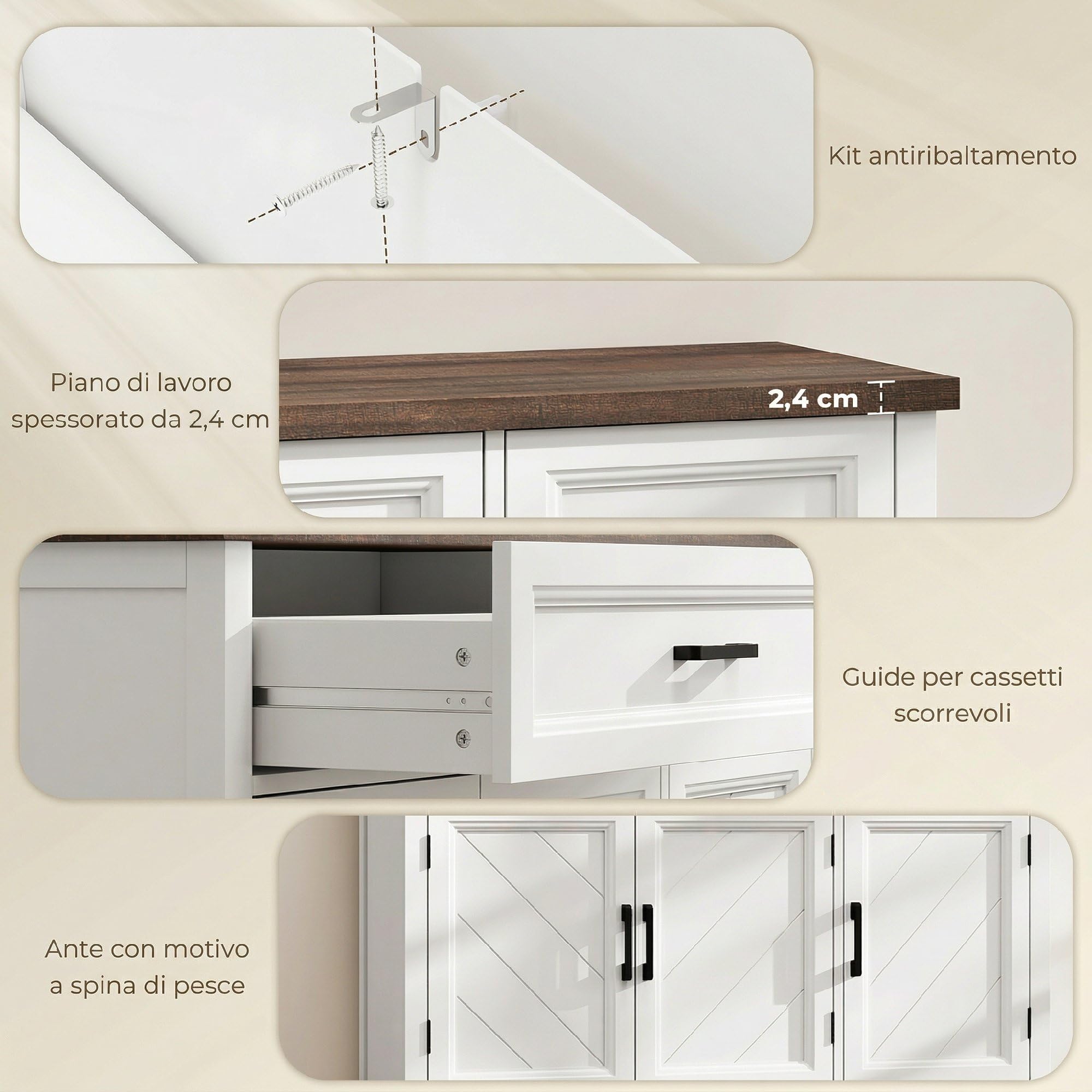 HOMCOM Credenza Cucina, Mobile Cucina con 3 Ante a Fienili, Ripiani Regolabili e 2 Cassetti, Piano Effetto Legno, Stile Rustico, Mobile Buffet per Soggiorno, Sala da Pranzo, 110x35x80.5 cm, Bianco