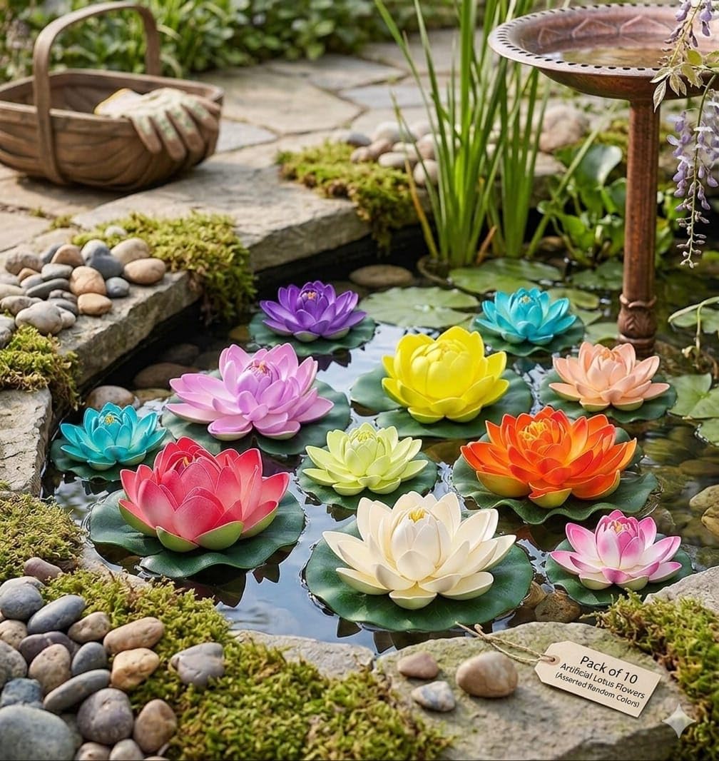 SAUDEEP INDIA Set of 10 Artificial Floating Lotus Flowers for Home Decor | Decorative Floating Flowers for Water Decoration Urli Bowl Aquarium Fountain Spa Decor Office Pooja Room(10x5cm)-image-18