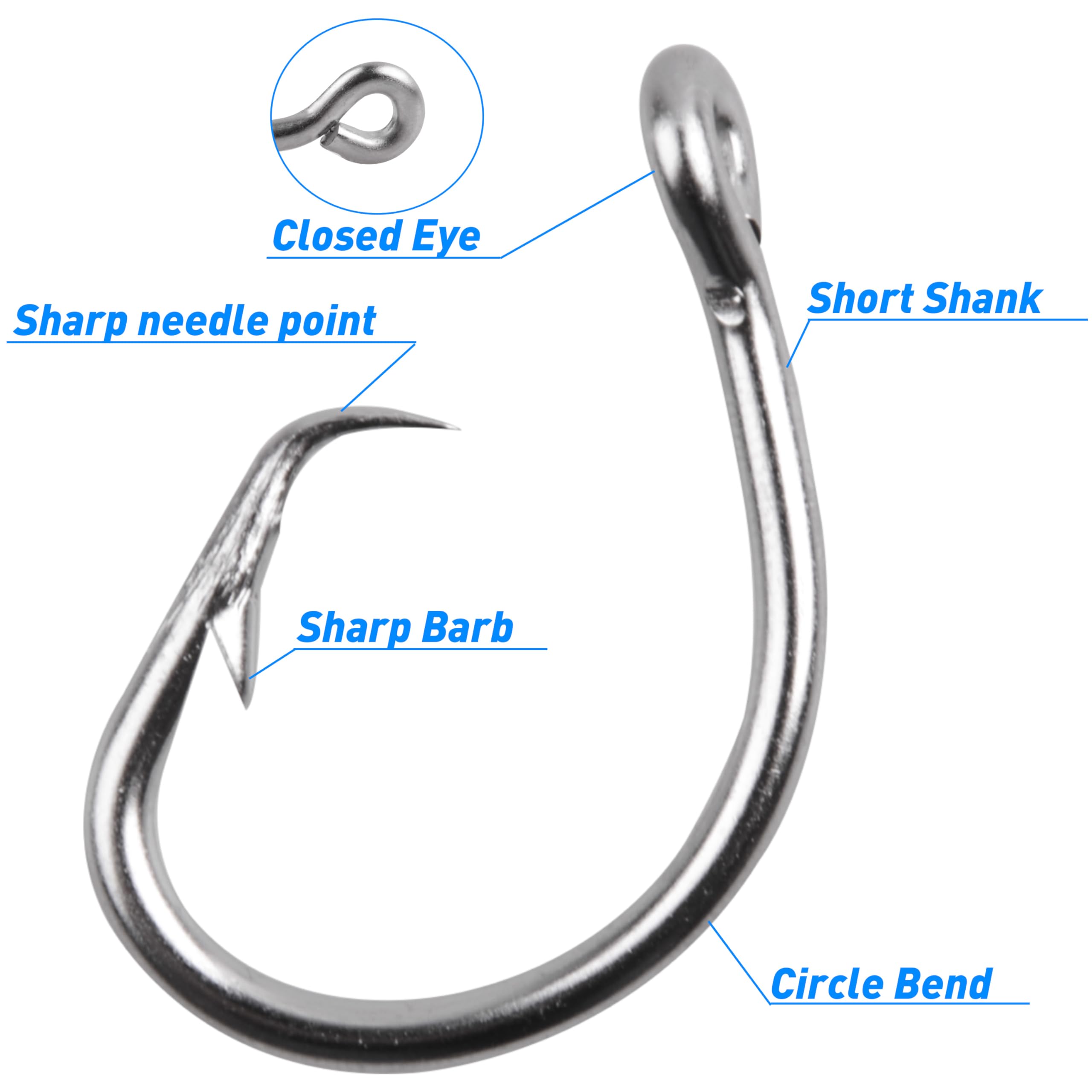 Circle Hooks Saltwater Fishing Hooks, 20pcs in-line Short Shank Stainless Steel Fishing Hooks 2X Extra Strong Big Game for Catfish Bluegill Tuna Bass