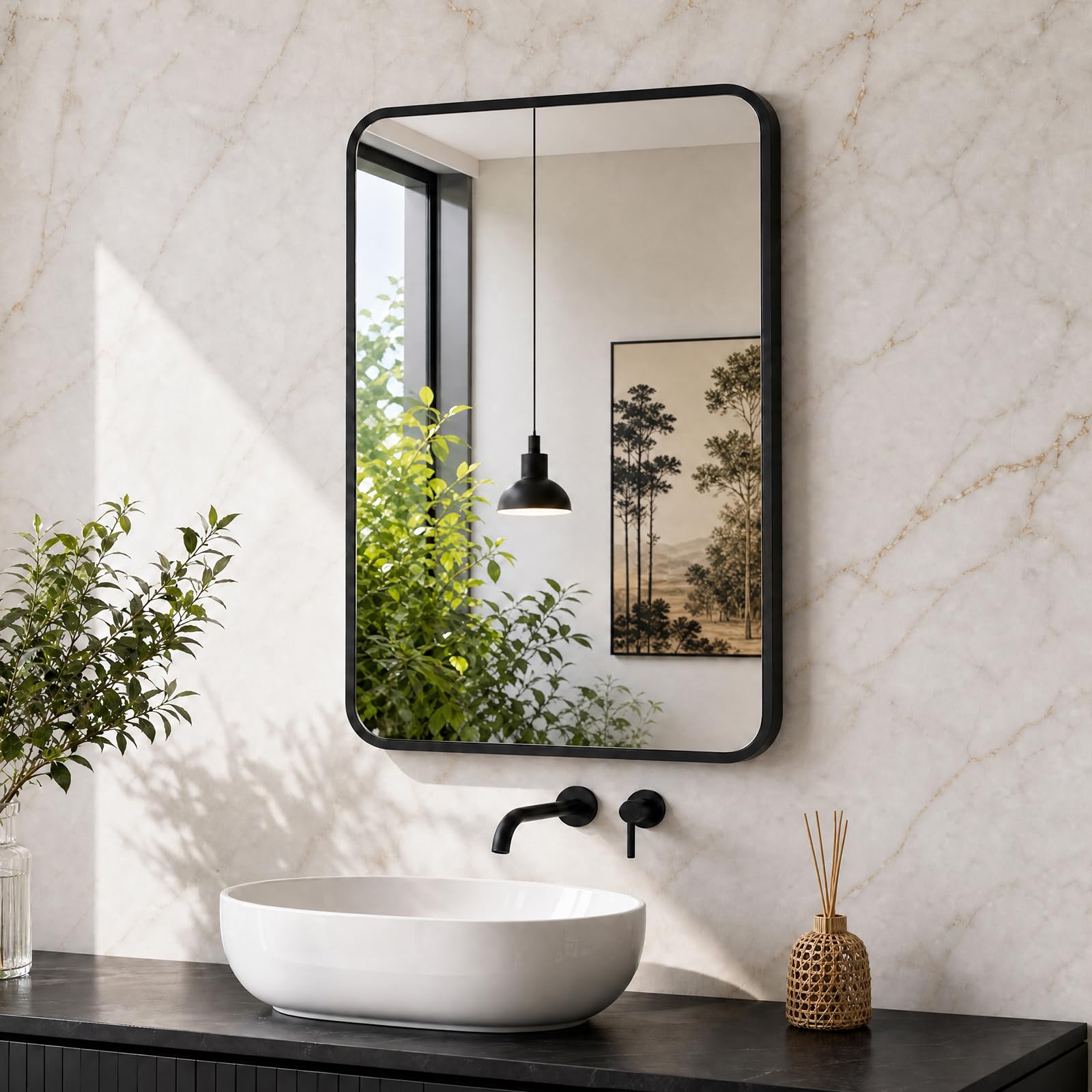 moderntop Black Rectangular Bathroom Mirror 70x50 cm with Aluminium Frame - Large Wall Mounted Mirror for Bathroom, Bedroom, Hallway & Living Room - Hang Horizontally or Vertically