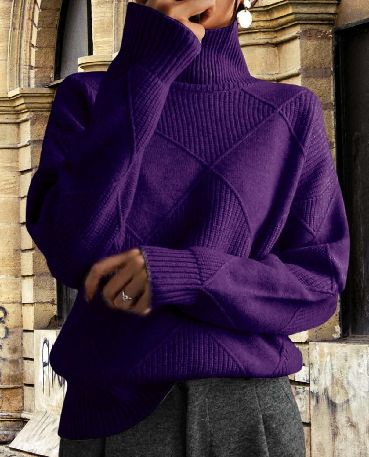 Womens Oversized High Neck Pullover Sweater Casual Fashion Long Sleeve Solid Color Crew Knit Sweater - Image 2