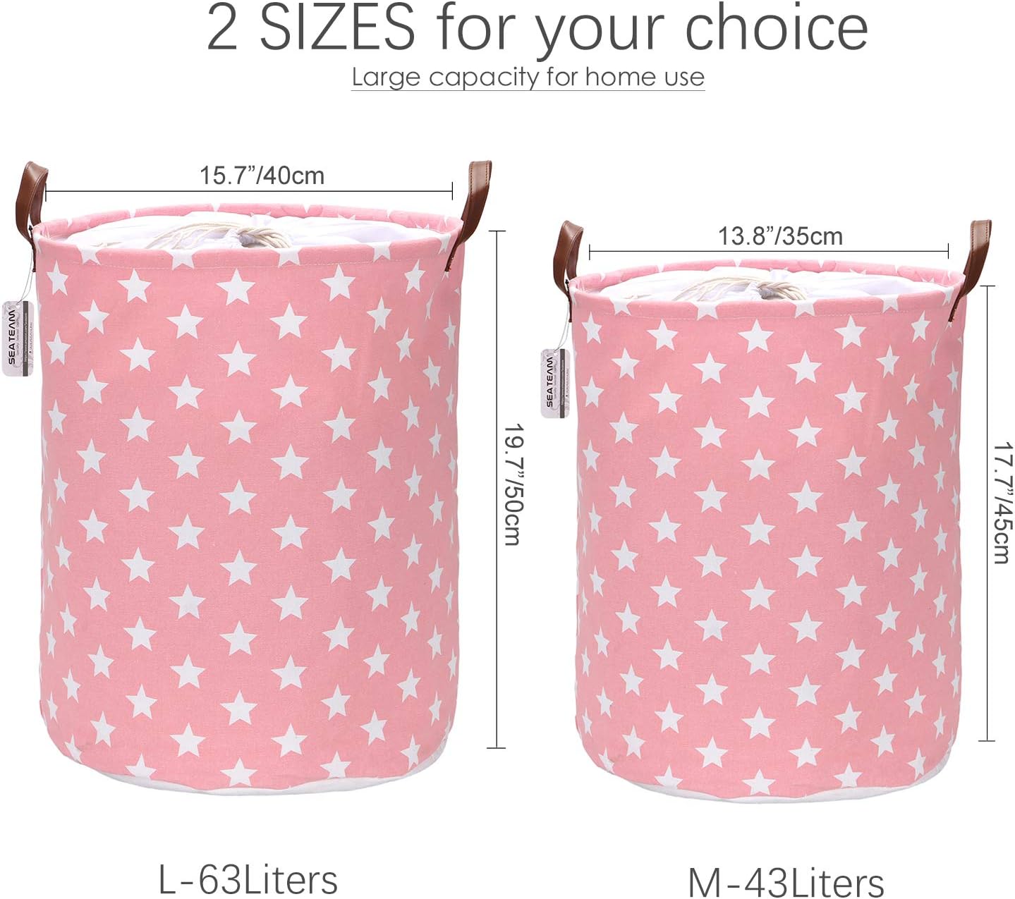 Sea Team Laundry Hamper Canvas Fabric Laundry Basket Collapsible Storage Bin with PU Leather Handles and Drawstring Closure (19.7"/Large, Star/Pink)