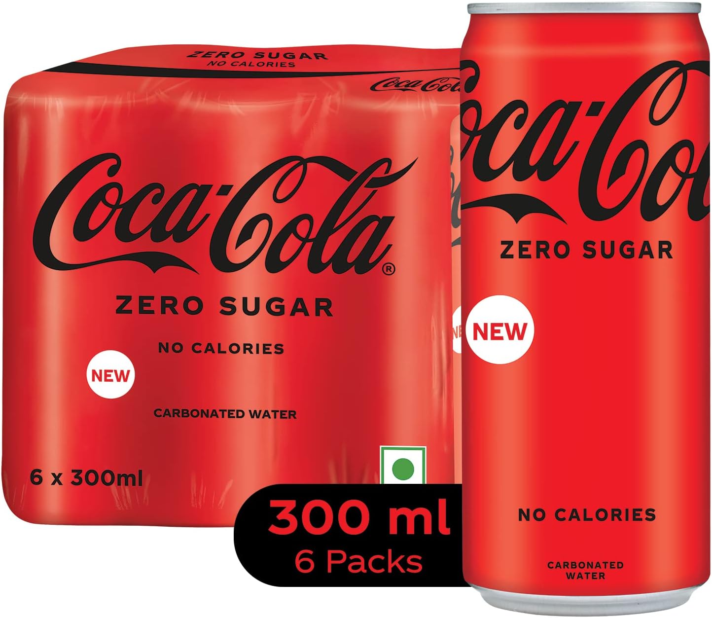 Coke Zero Sugar Cola Cold Drink | Soft Drink With No Calories | Zero Sugar Drink | Recyclable Can, 300 Ml (Pack Of 6)