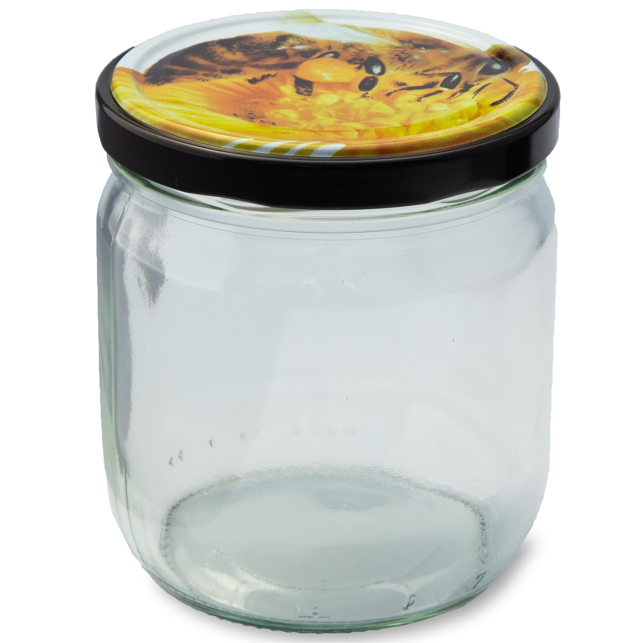 Twist-Off-Gläser (36 Stk) mit Metalldeckel (500g), abgerundeter Boden, Honigglas, Marmeladenglas (Deckel: Biene)