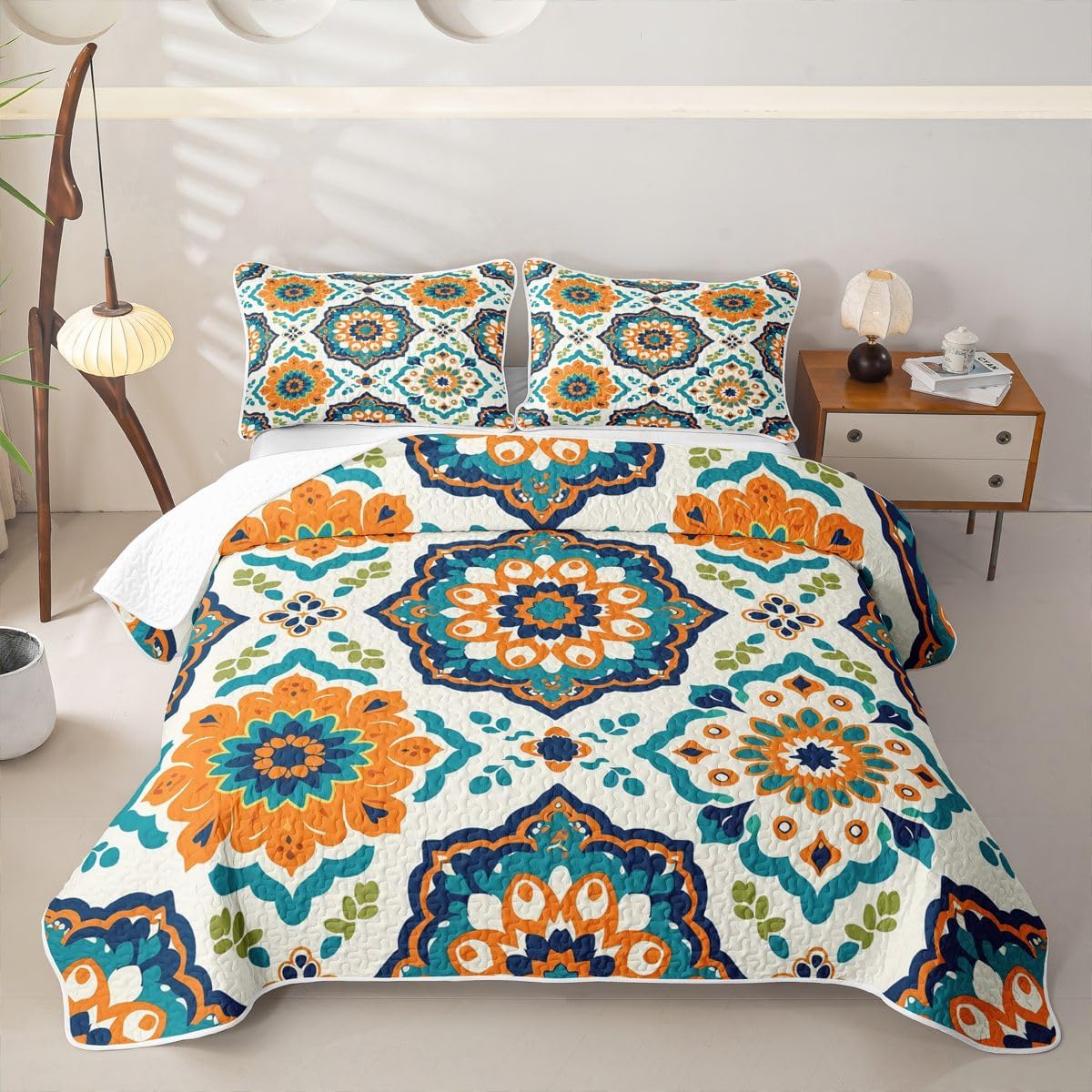 Erosebridal Vintage Bohemian Flowers Breathable Quilt Twin Size Boho Plants Floral Quilt Set Retro Waatercolor Flower Quilted Bedspread Colorful Geometric Coverlet for Kids Boys Girls