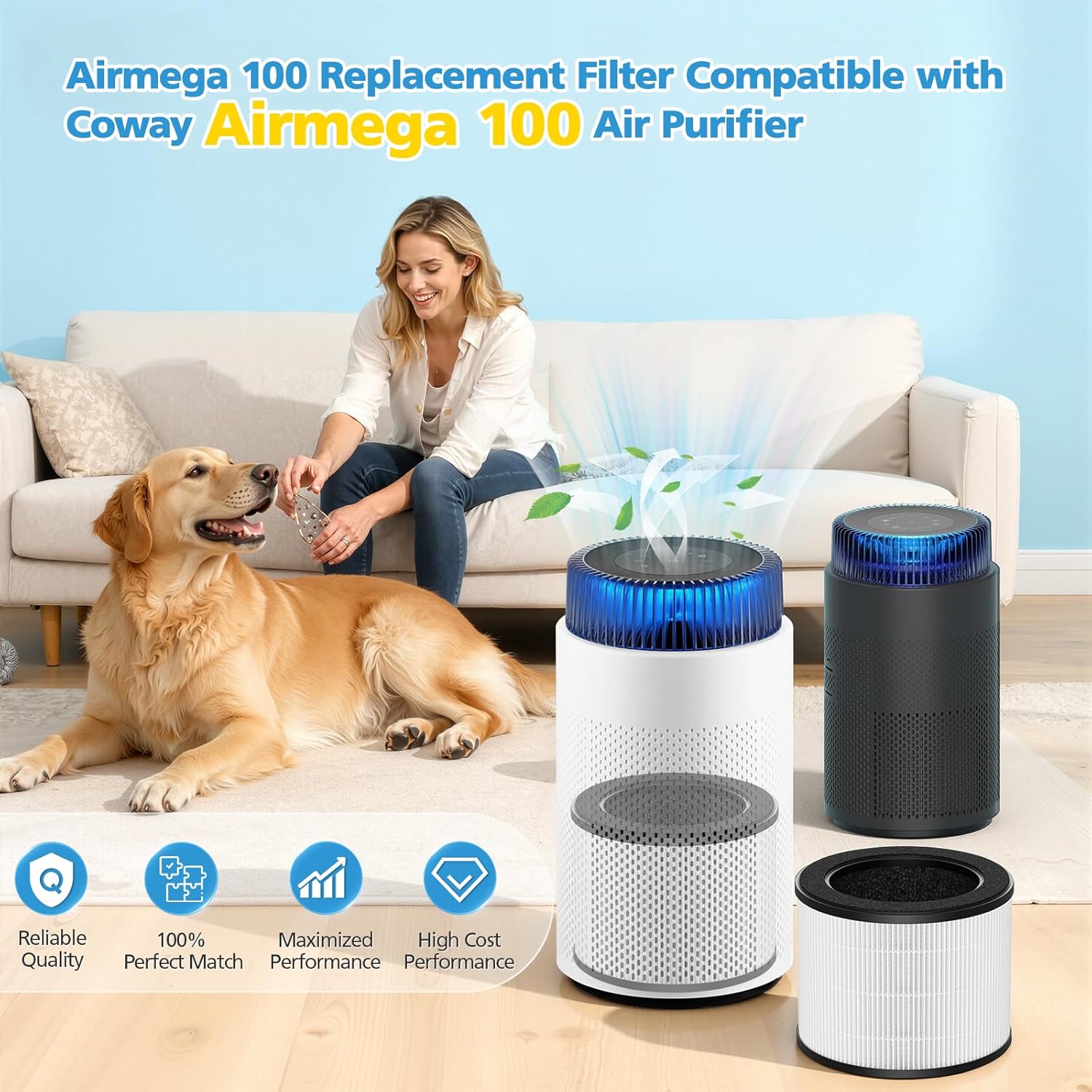 2 Pack Airmega 100 Replacement Filter Compatible with Coway Airmega 100 Air Purifier, 3-IN-1 Certified HEPA & Activated Carbon with Deodorization Filter