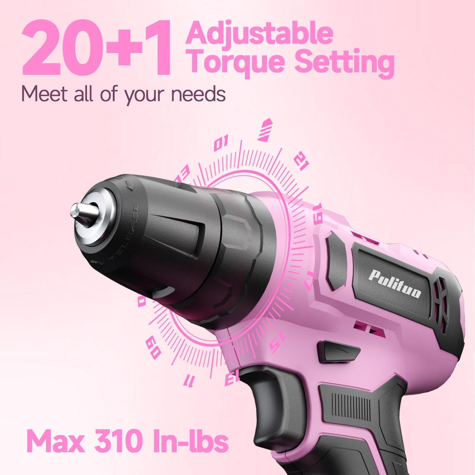 PULITUO 20V Set de Taladro Atornillador Batería Rosa, Kit de Taladro con Batería y Cargador, Regulación 2 Velocidades, Portabrocas 3/8", 21+1 Niveles de Par, LED, Set Eléctrico