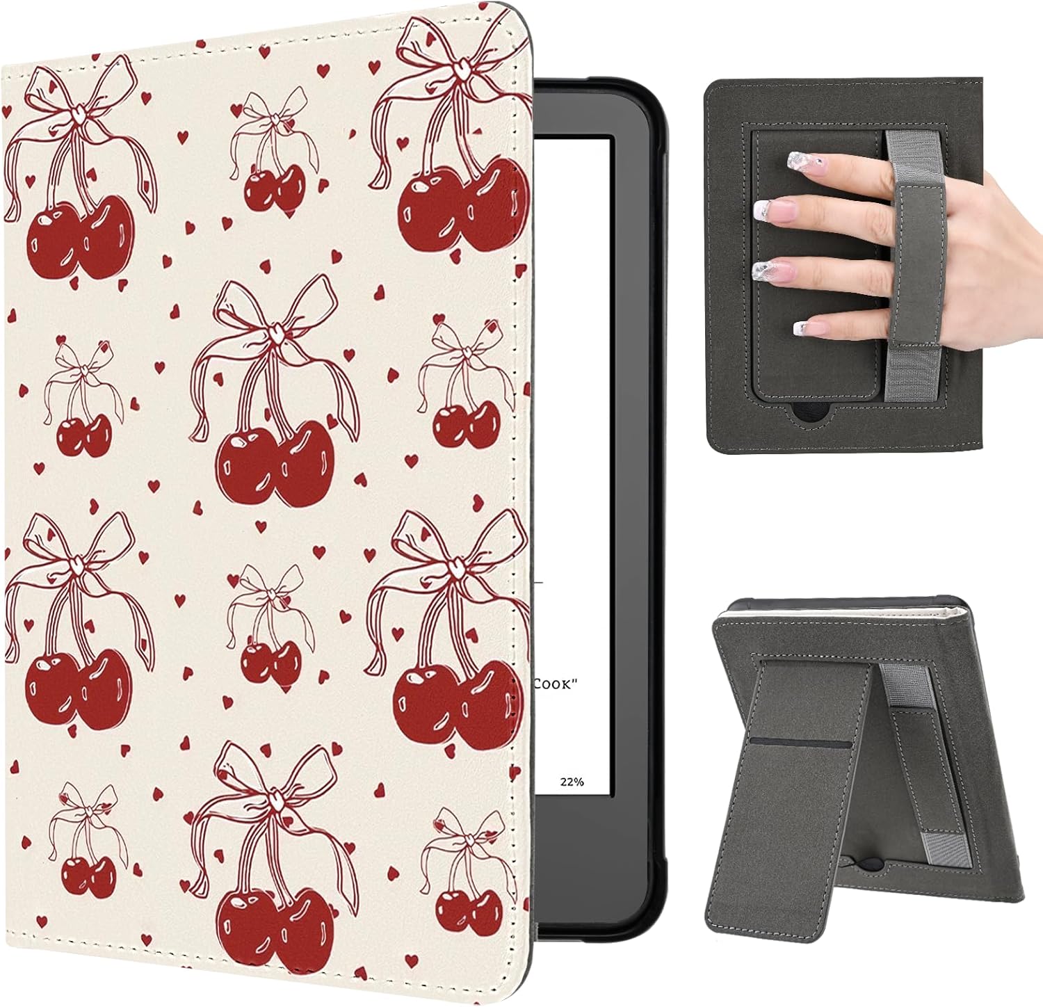 Idocolors Case for 6.8" Kindle Paperwhite (11th Gen-2021), Slim Foldable Stand PU Shell KPW5 Cover with Hand Strap, Auto-Wake/Sleep Protective Case for Women, Cherry