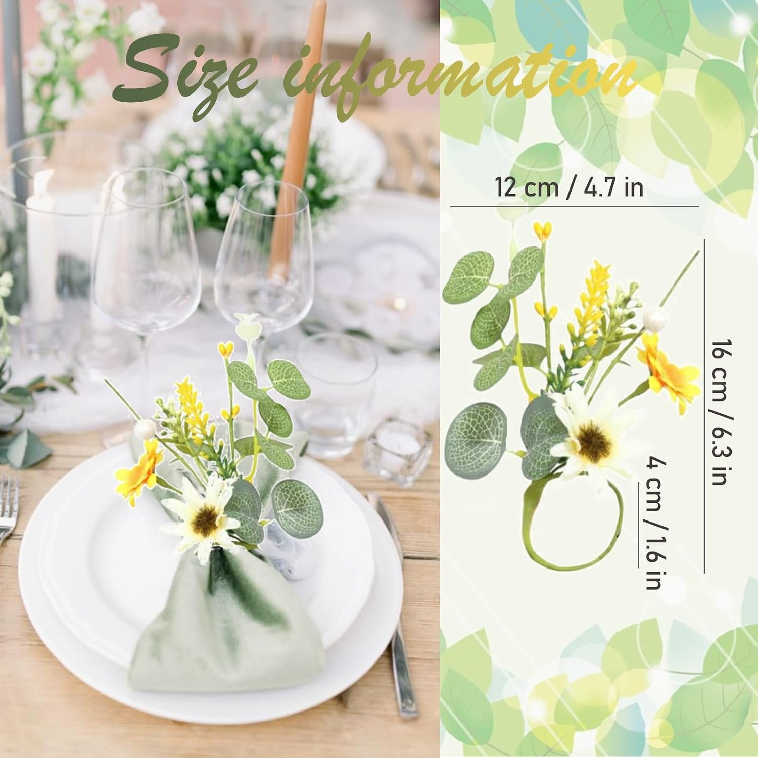 Eucalyptus Leaves Daisies Napkin Rings Green Eucalyptus Leaf Yellow Flower Napkin Buckle Table Decoration for Spring Wedding Party Valentine's Day Festival Decoration Supplies 4 Pcs