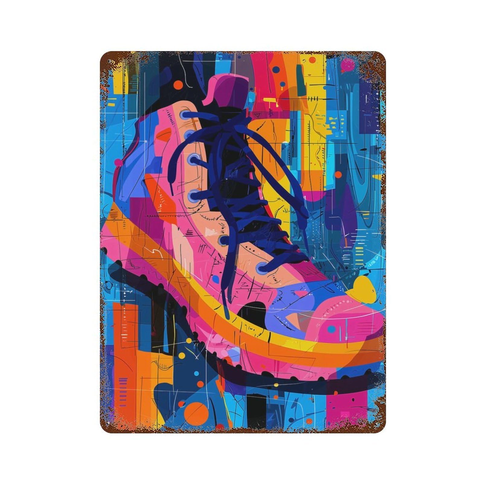 Decorative Tin Sign with Expressionist Geometry Sneaker – Vibrant Abstract Street Art Design 15.7"x11.8", for Garage, Bar And Workshop Decor, Farmhouse Wall Decor