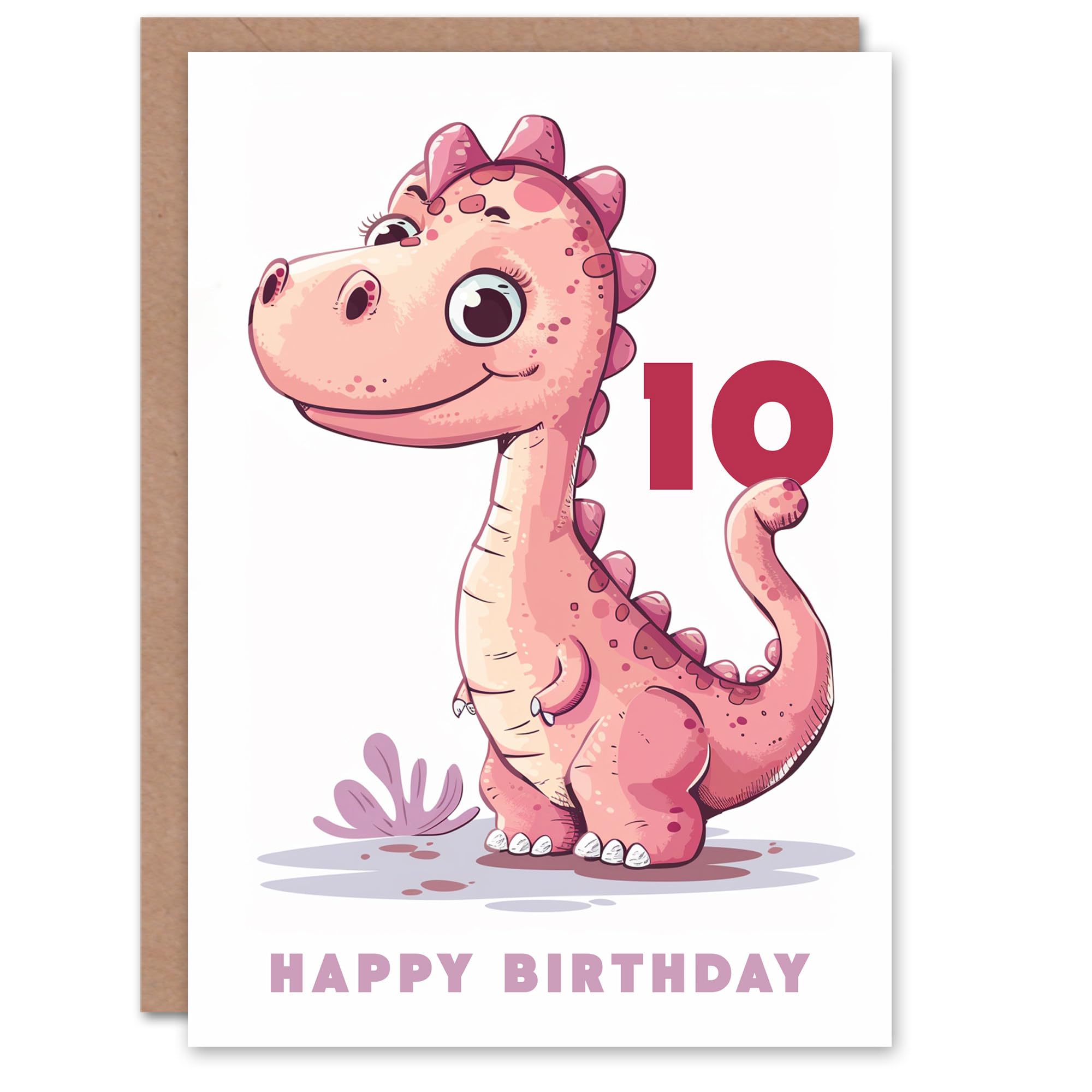 Artery8 10th Birthday Card Cute Pink Baby Dinosaur Cartoon Kids Age 10 Year Old Child For Son Daughter Girl Boy Happy Card