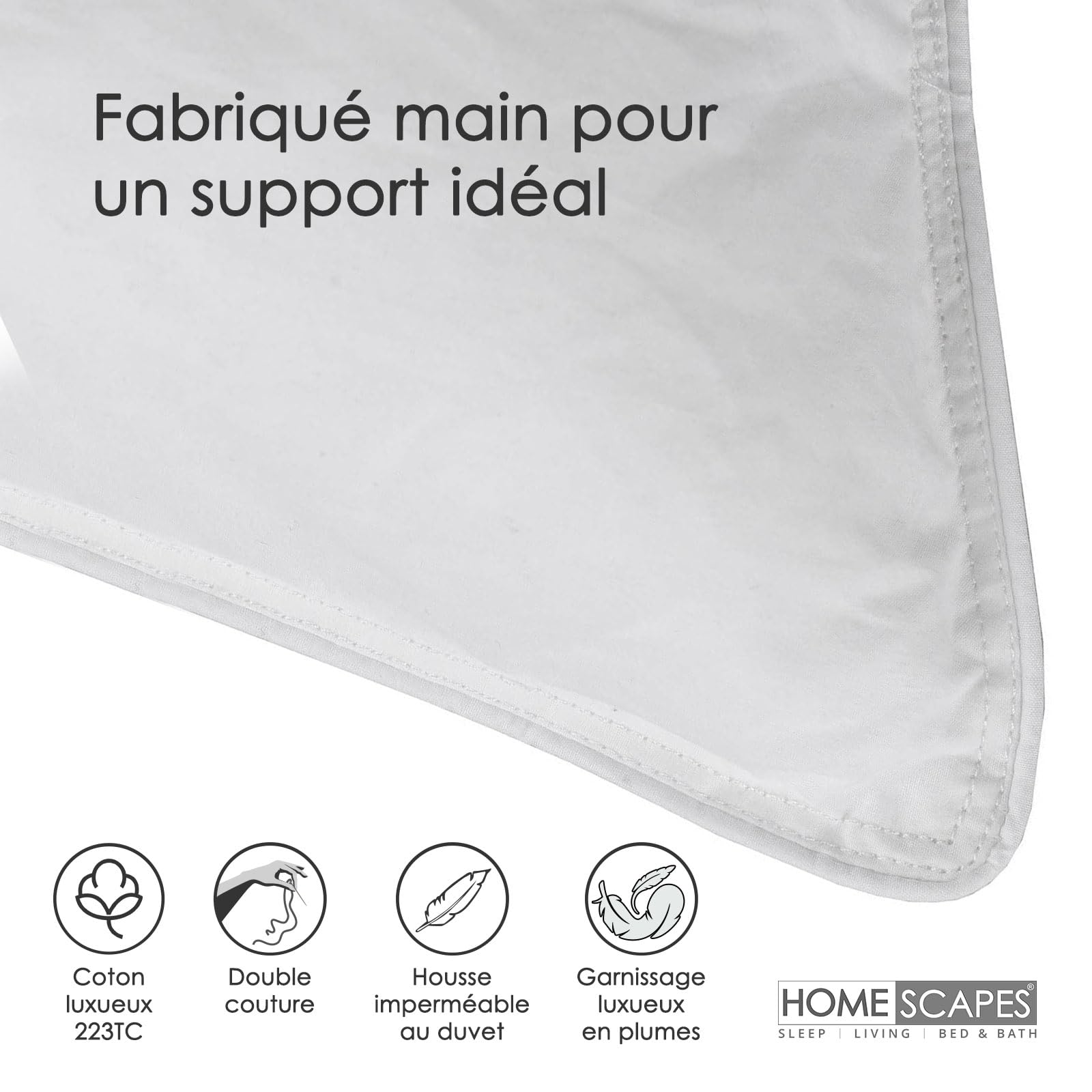 HOMESCAPES Lot de 4 Oreillers naturels en Plumes de Canard Ultra gonflants et Moelleux, 50 x 75 cm