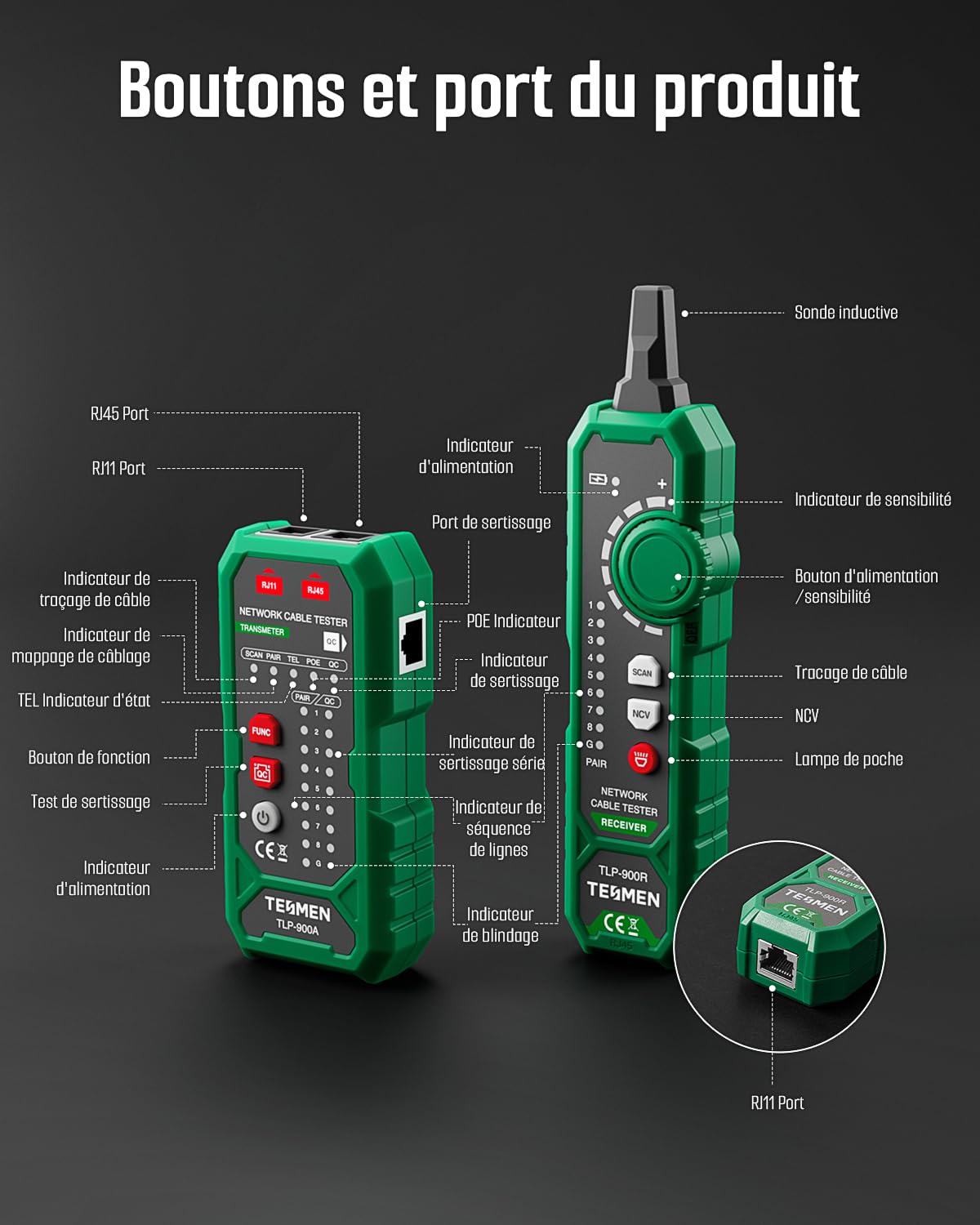 TESMEN TLP-900AR Testeur de câbles réseau, RJ11 RJ45, pour CAT5/6/POE/STP, Continuité, QC&NCV, Adapté à Ethernet, Téléphone, Maintenance et tri des câbles - Vert