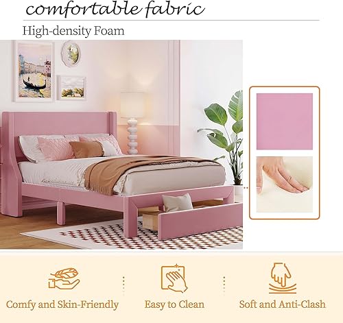 Miniatura 6 de Base de cama tapizada de terciopelo de tamaño matrimonial con un gran cajón de almacenamiento y cabecera copetuda, soporte de listones de madera