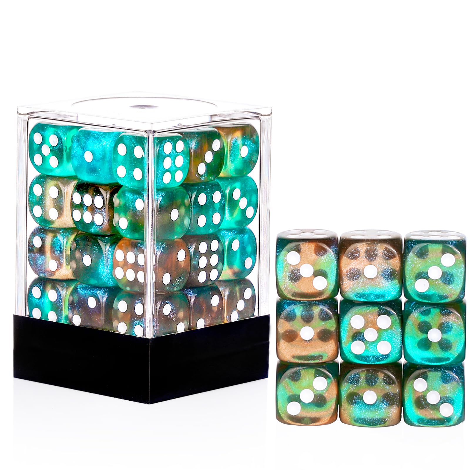 36 Pieces 12mm 6 Sided Mini Dice Set,Two Colours Glitter D6 Game Dice Set,6 Sided Standard Game Dice for Board Games Dice Games Classroom Teaching Dices Game,with Portable Gaming Box(Orange & Green)