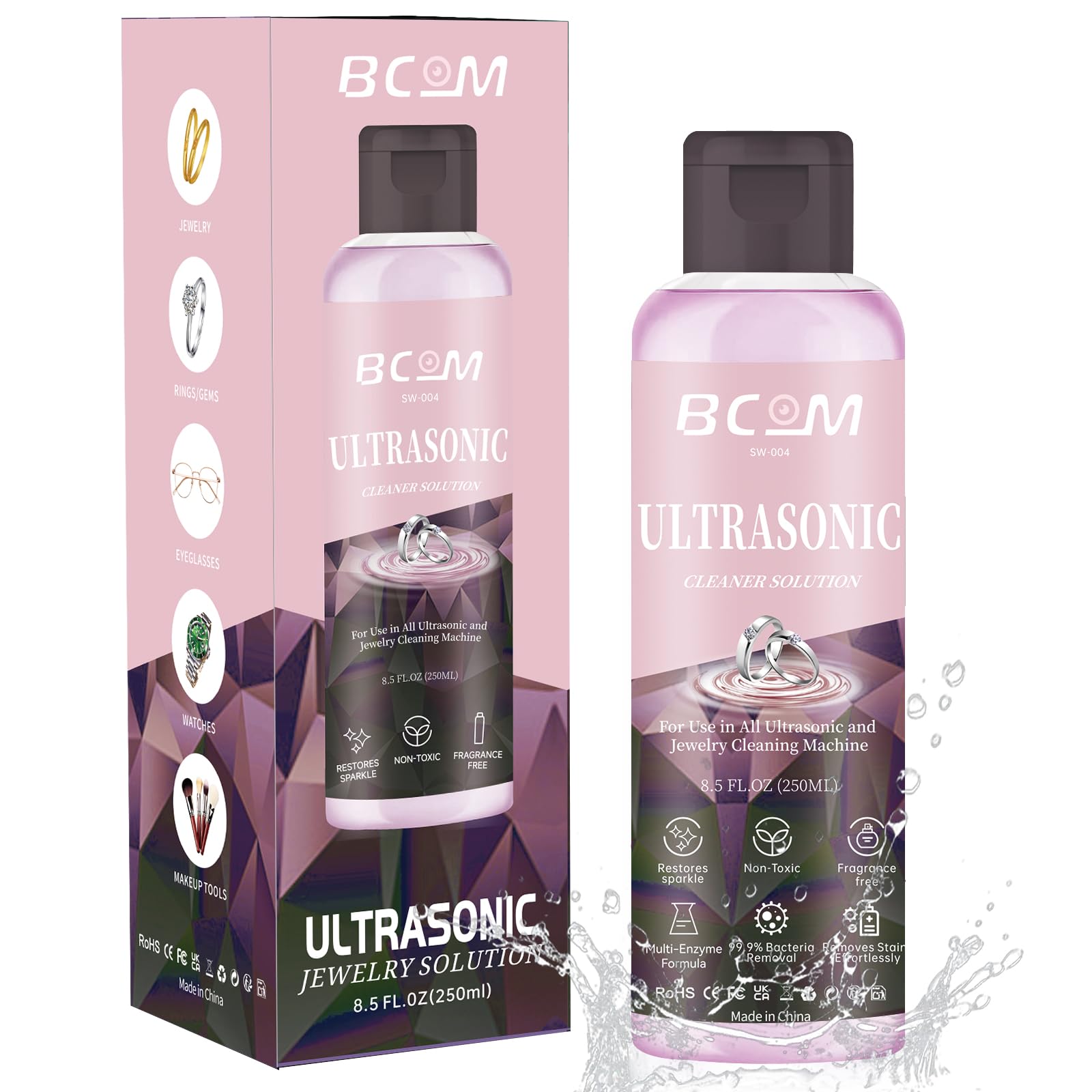 Ultrasonic Jewelry Cleaning Solution, Great for Use in All Ultrasound Machines, Eyeglass and Rings, Effective Solution for Cleaning Gold, Silver, Platinum, Diamonds, and Watch, 8.5 oz/250 ml,Pink