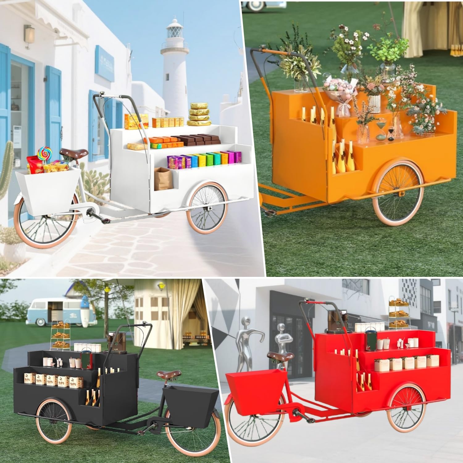Triciclo para Venta de Comida, Carrito Grande para Comida, carritos de Hierro para Venta de Comida, Remolque Comercial para Flores, Juguetes, Bebidas, Desayuno,Negro