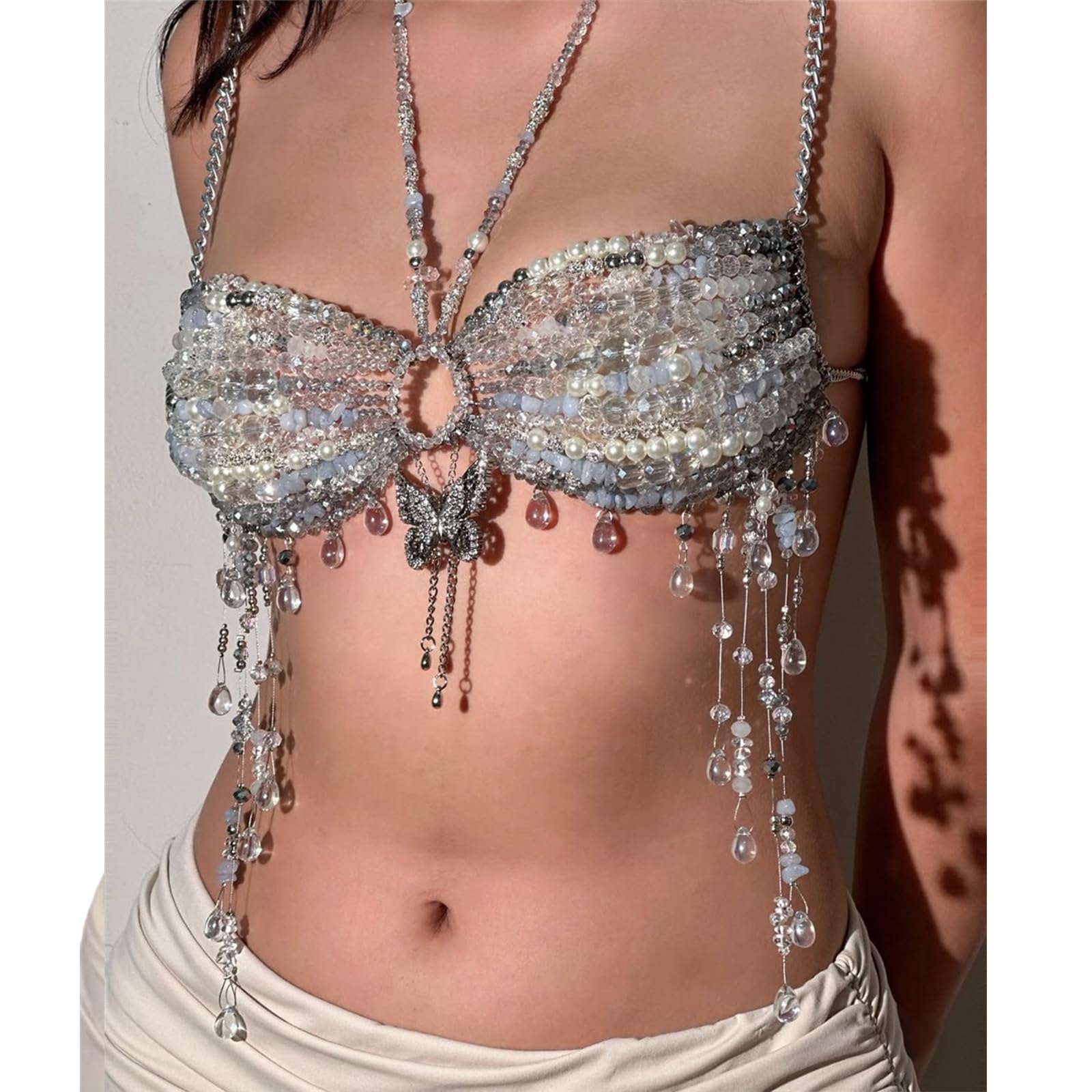 Joyería corporal adornada con cuentas Collar ajustable Cuello Sin espalda Borlas de Cadena de pecho de Camisola Chaleco con cuentas de