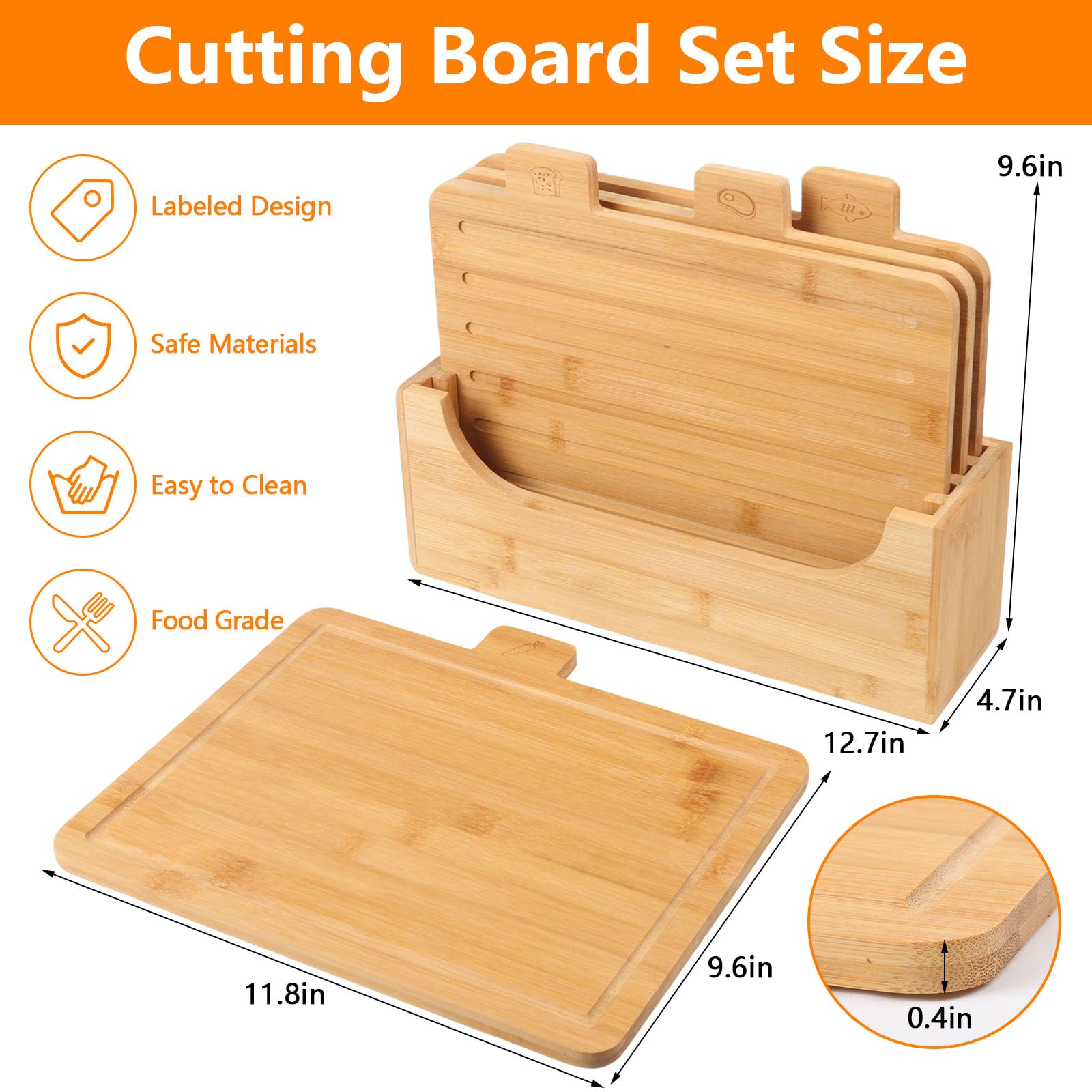 Juego de 4 tablas de cortar de bambú para cocina, tablas de cortar con soporte, tablas de cortar para carne, verduras, pescado y pan