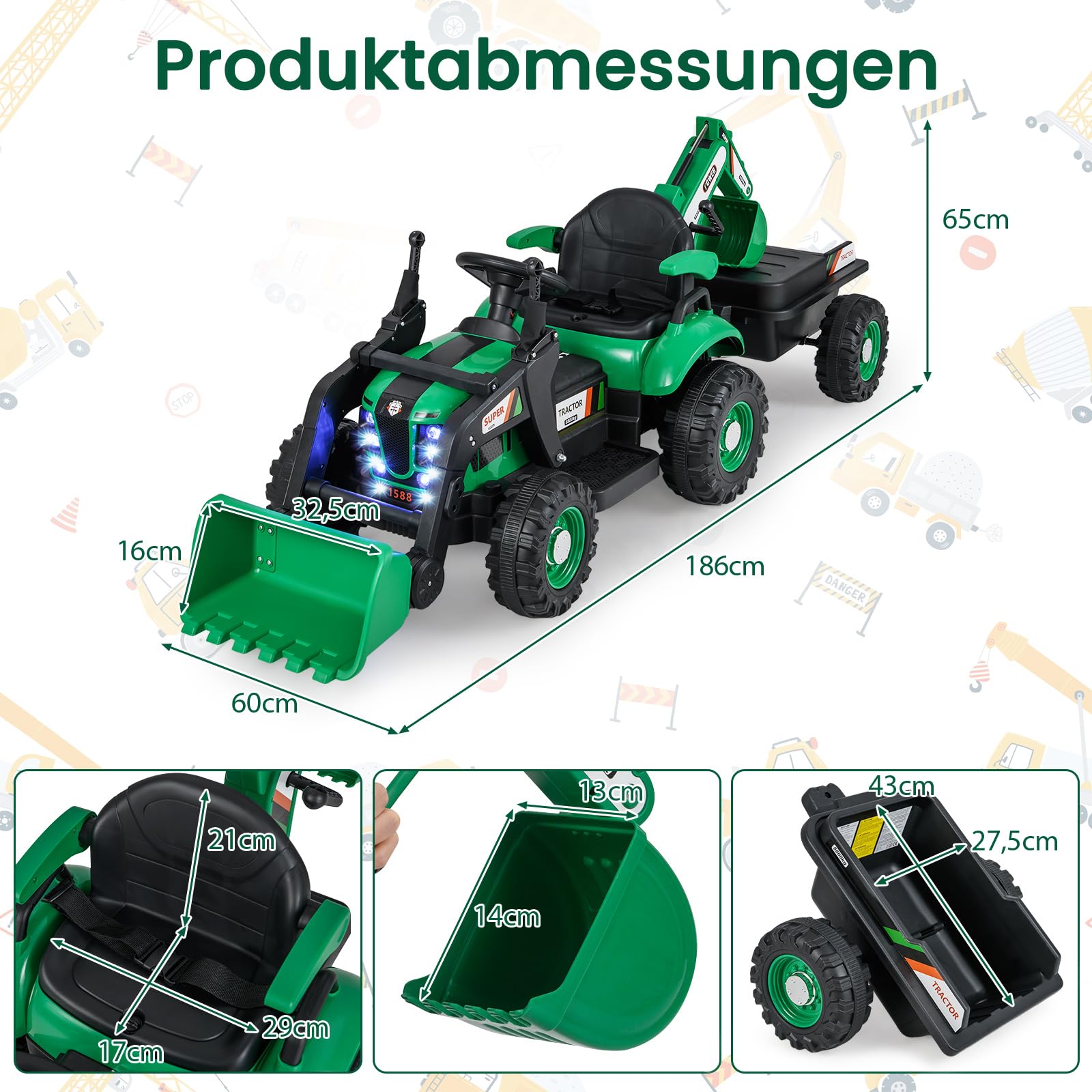 COSTWAY Elektro Traktor mit Anhänger & Schaufel, 12V Aufsitztraktor mit Fernbedienung, Sitzbagger mit LED Lichtern & Musik, Kinderbagger Elektrisch, Elektrotraktor für Kinder ab 3 Jahren (Grün)