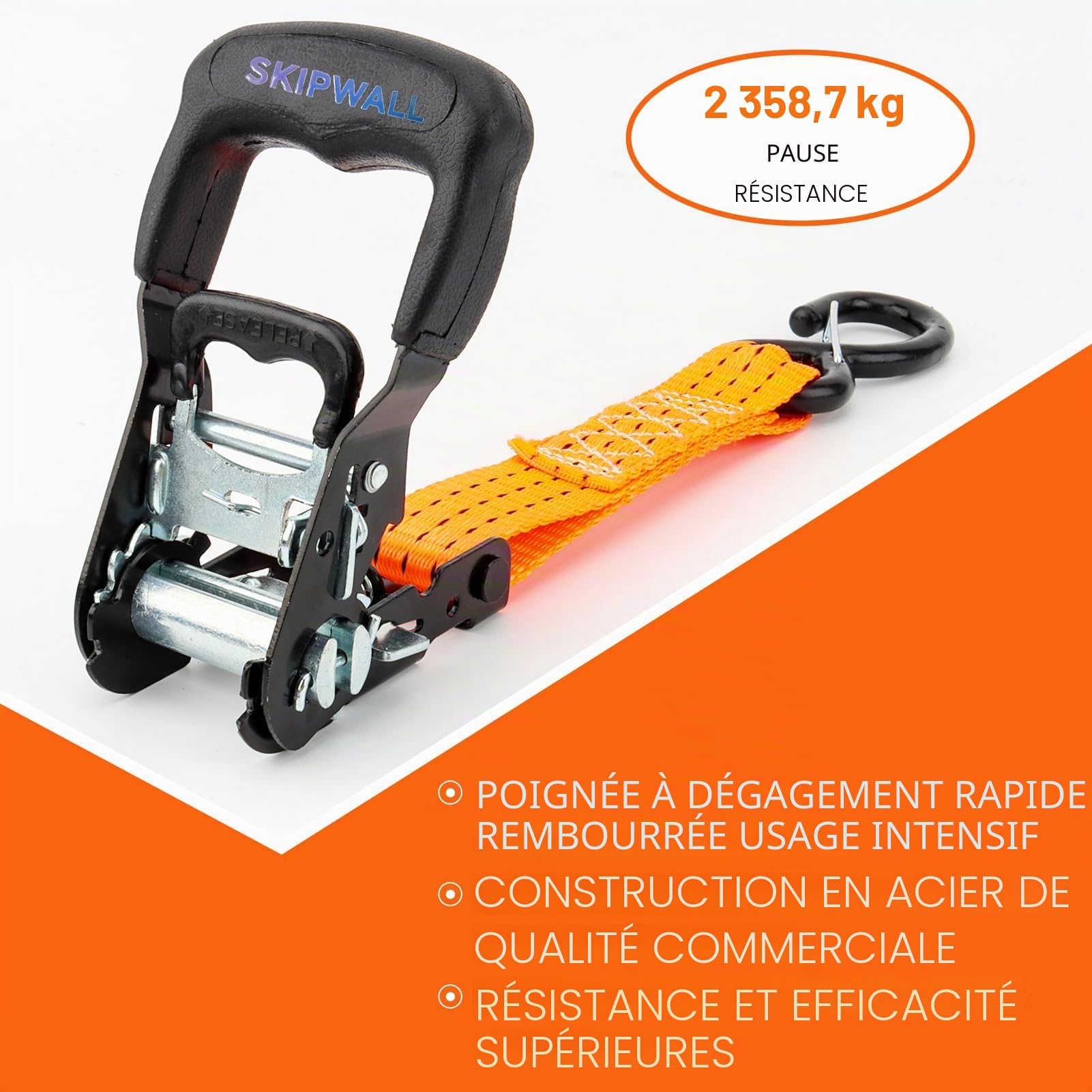 Sangle à cliquet pour Jetski – Sangle d'arrimage à 3 Points – 3 cm x 3 m – Très Robuste – pour jetskis, Seadoo, Waverunner, PWC, résistance à la Rupture de 1 360,8 kg – Crochets en S avec Clip de