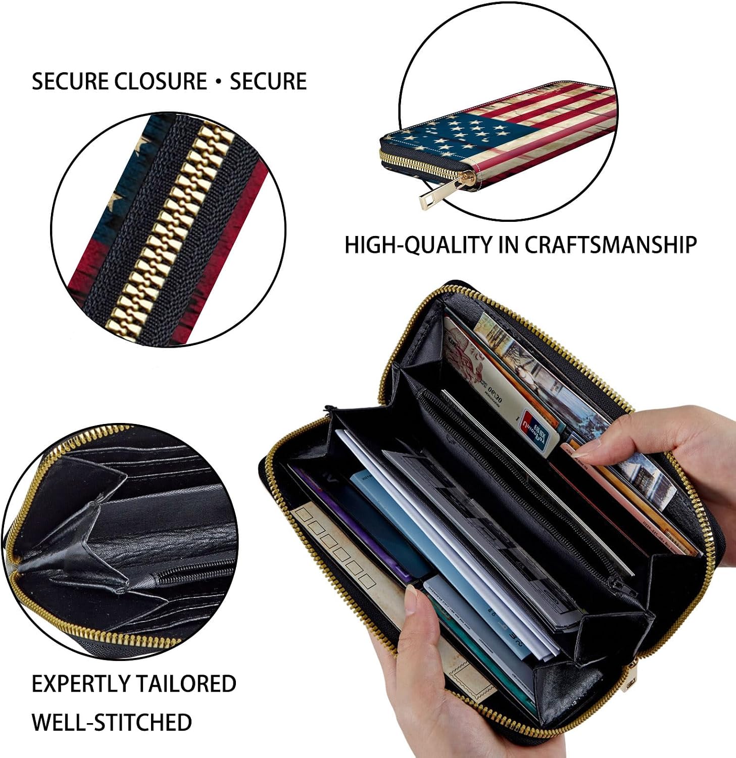Women's RFID Blocking Zip Around Wallet with Detachable Wrist Strap – Large Capacity Leather Clutch Purse for Travel & Daily Use,Vintage American Flag image 4