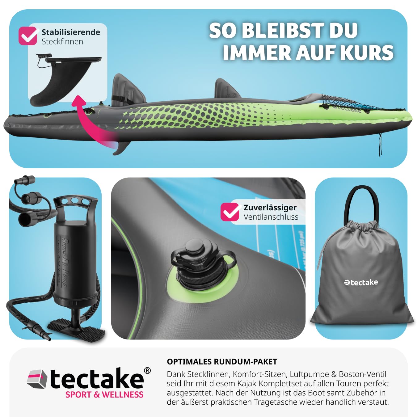 tectake® Kajak Boot aufblasbar, aufblasbares Kanu Paddelboot für 2 Personen mit 2X Doppelpaddel und Zubehör 2X Sitz, Pumpe, Transporttasche, für Wassersport, Freizeit, als Angelboot, Ruderboot