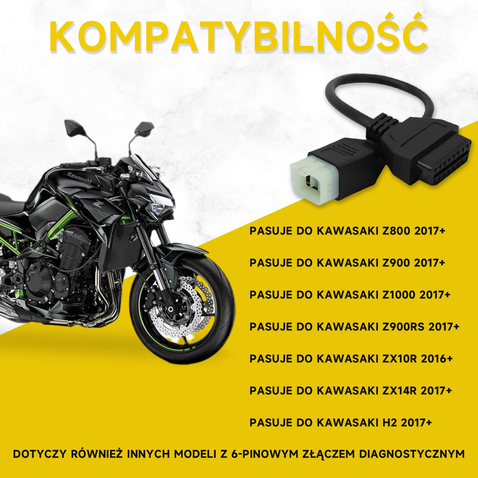 OBD Adapter Pasujący do Motocykla Kawasaki 6-pin do 16-pin Obdii Kabla Narzędzia Diagnostycznego, 6-pinowy Złącze Pasujące do Z900RS/Z800/Z900/Z1000/ZX10R/ZX14R/H2 Motocykl