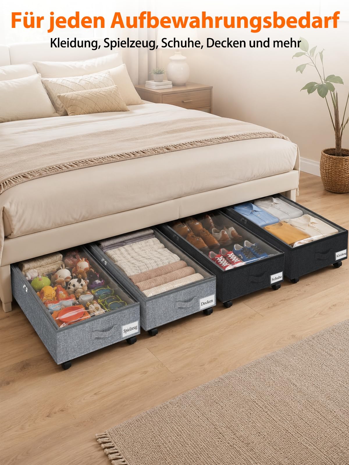 25 cm hohe Unterbettkommode mit 5 Rollen, 75 L Unterbett-Aufbewahrungsbox